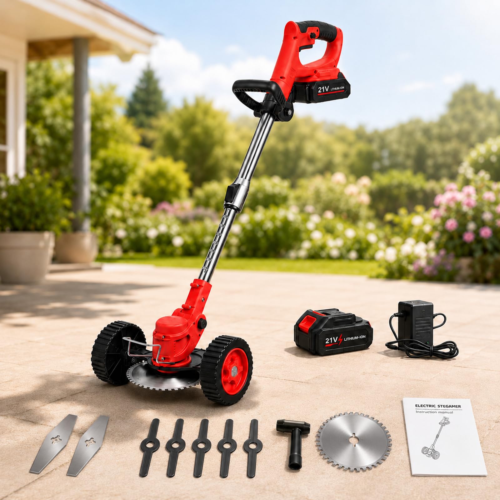 Desbrozadora a Batería 21 V con Ruedas y Mango Telescópico Red-15-CellBattery | Las dos ruedas grandes estabilizan el cabezal, mantienen una altura uniforme y reducen el esfuerzo de brazos y espalda