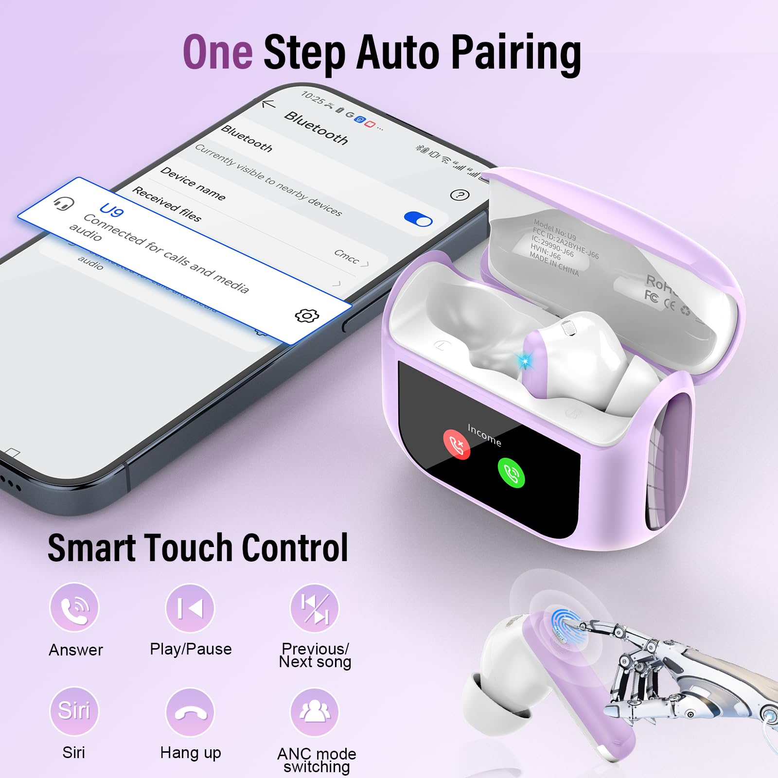 Auriculares Inalambricos Bluetooth, 48H Auriculares Bluetooth 5.4 con Pantalla Táctil LED, 4 Mic con Reducción de Ruido ANC+ENC, HiFi Estéreo Cascos Inalambricos con IP7 Impermeable/5 Modos EQ, Morado