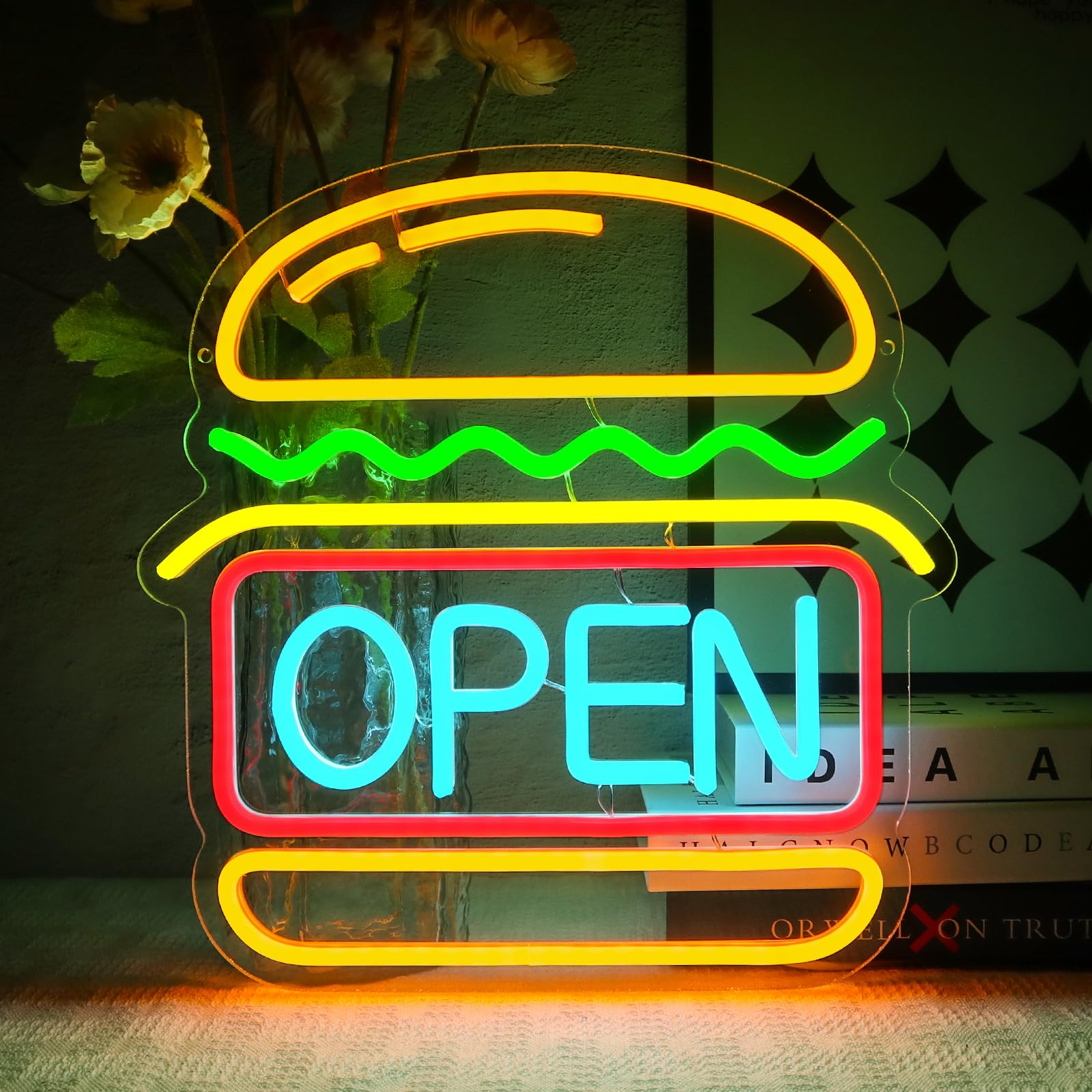 Abierto de neón de señal de hamburguesa de neón de luz para la decoración de la pared Led Abierto de señal para Burger Shop Fast Food Shop Negocios Restaurante Tienda