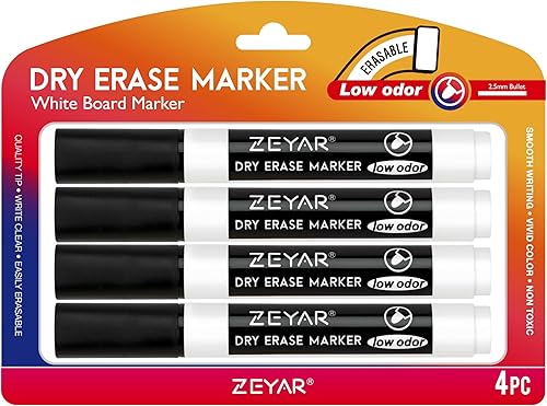 ZEYAR Marcador de borrado en seco de bajo olor, marcador de pizarra blanca con punta de bala, 4 unidades (4 negro)