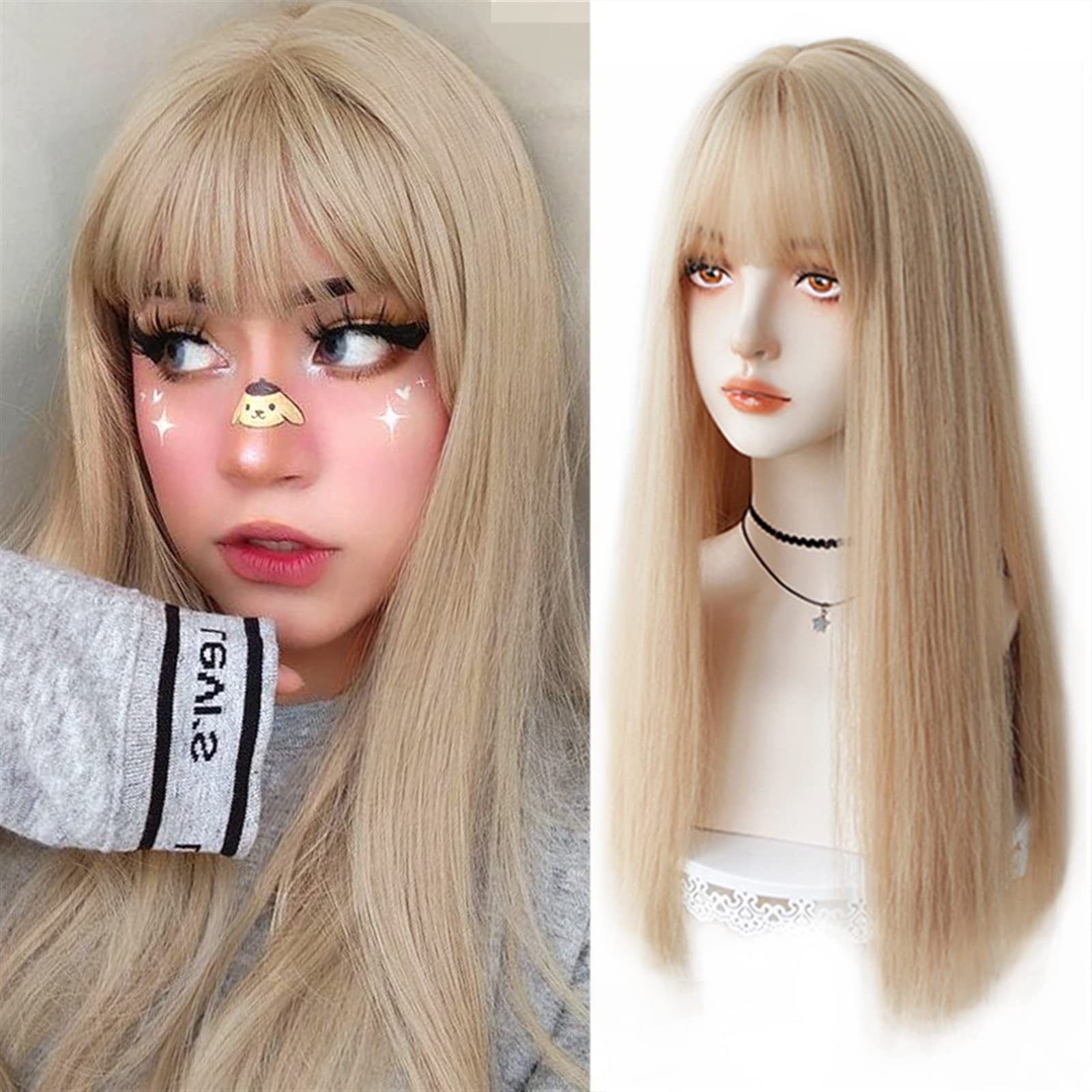 Peruki z koronką falową Blond peruka z grzywką dla kobiet dziewczyna 24 "długie proste blond peruka naturalna żaroodporna peruka syntetyczna na cosplay i do codziennego użytku Peruki z naturalnych wło