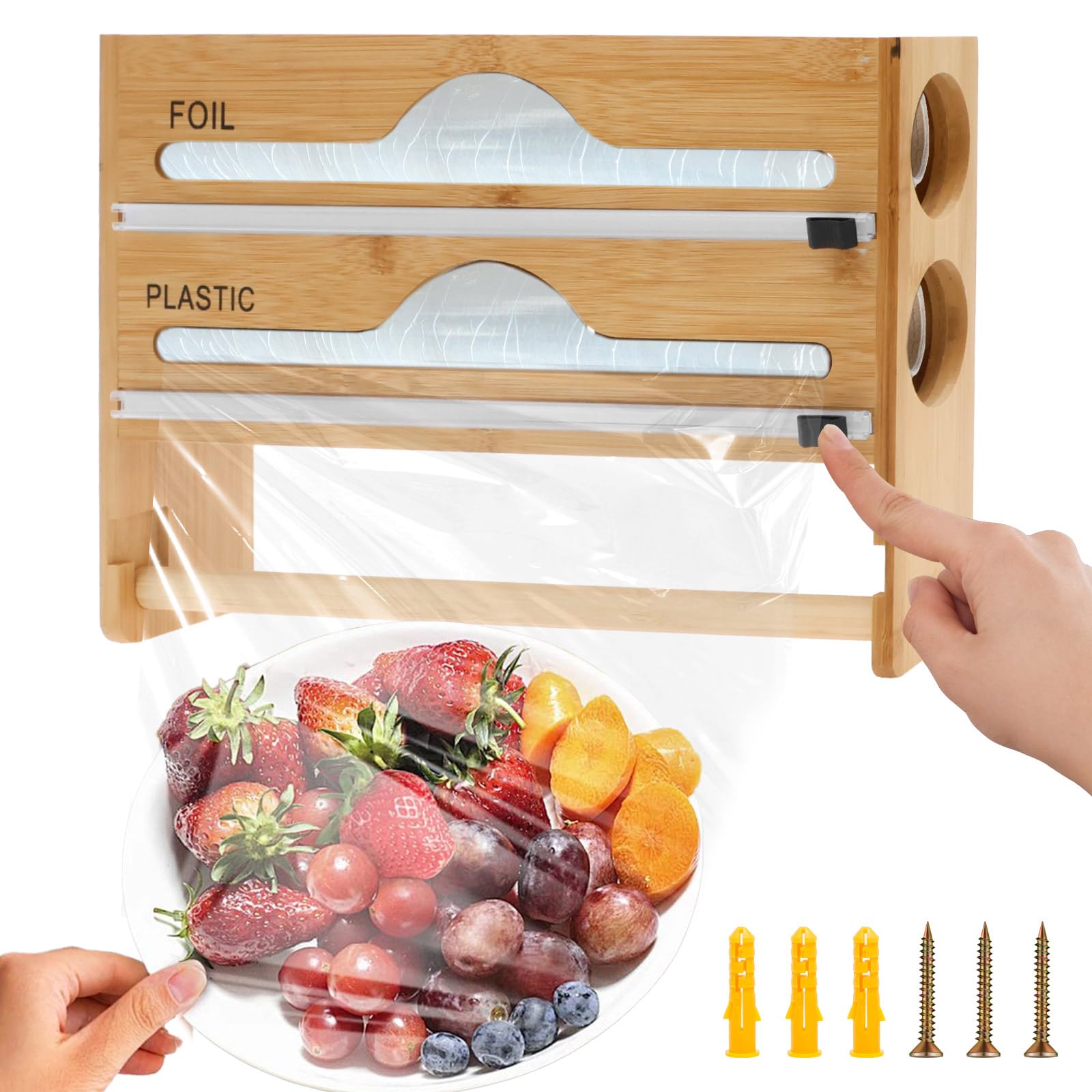 Cling Film Dispenser & Cutter, 3 In 1 Tin Foil Dispenser Organizer With Paper Holder, Wall-Mount Bamboo Foil & Cling Film Cutter For 35CM Roll
