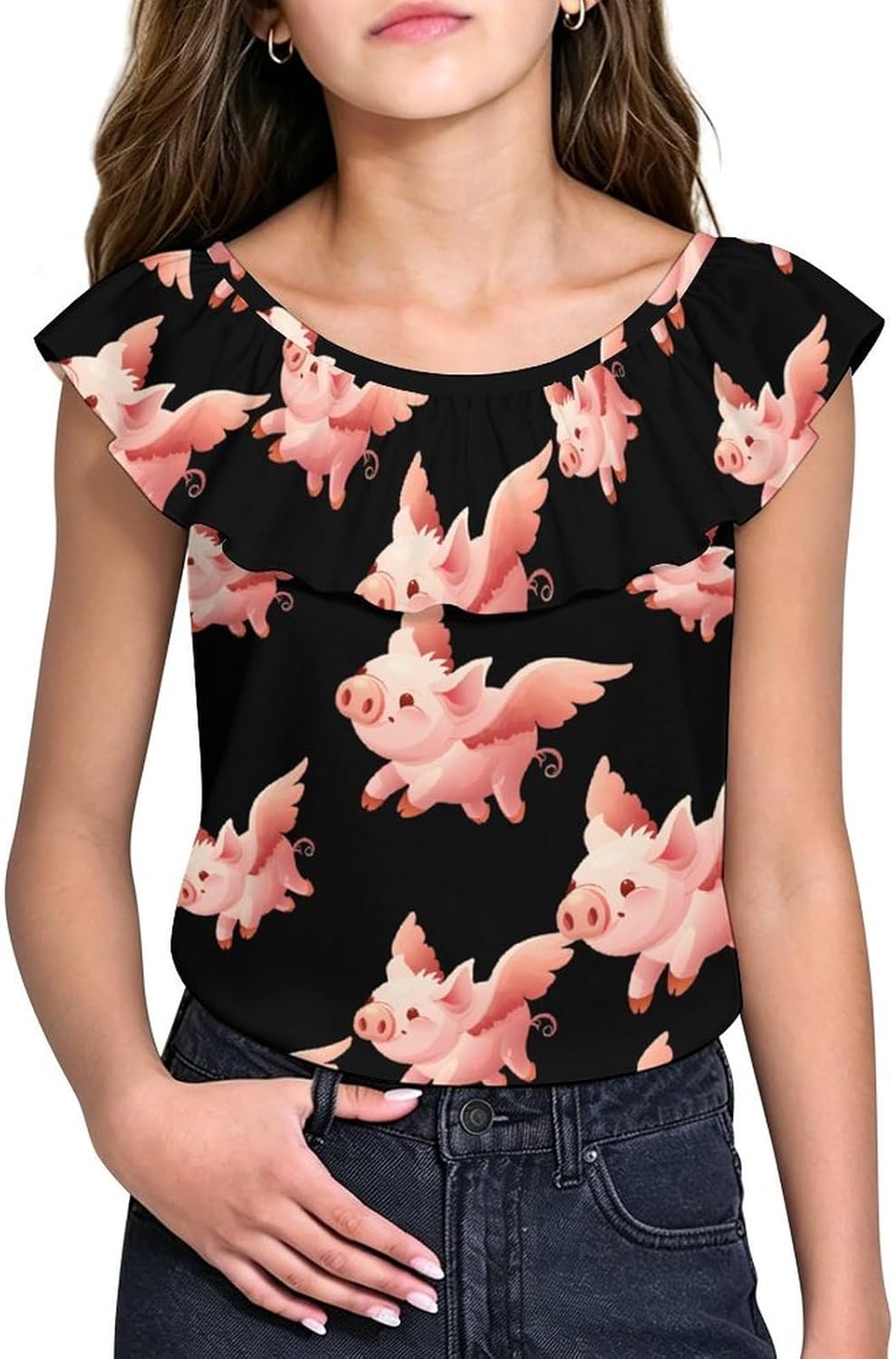 Flying Pigs Girls T-Shirts Top Ruffle Short Sleeve Blouse Casual Graphic Tees