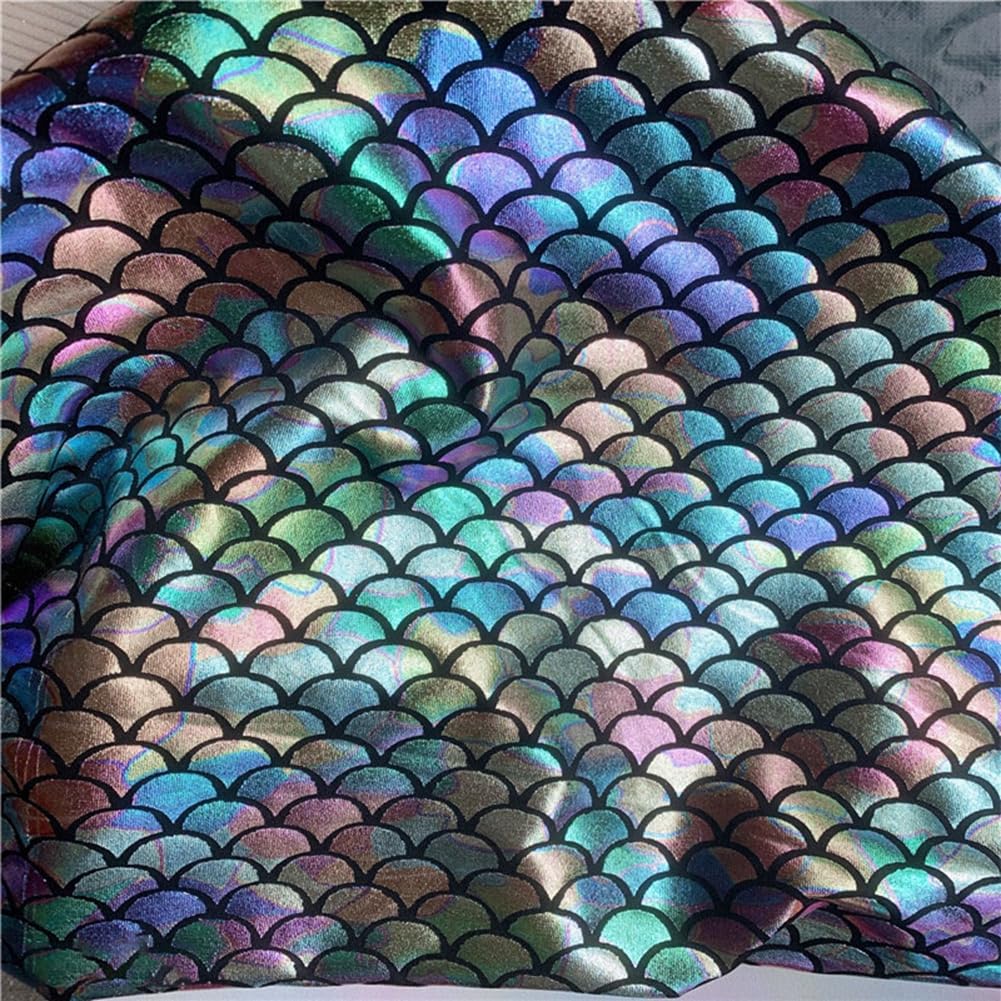 Tela de sirena brillante con escamas de dragón, holograma, estampado de escamas de pescado, tela de punto por metro, tela elástica para coser ropa, 148 cm de ancho, multicolor, 1 metro