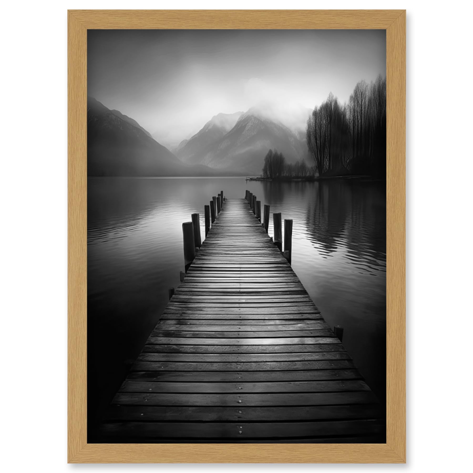 Artery8 Lake Pier Mountain Landscape Black and White Photo Artwork Framed Wall Art Print A4