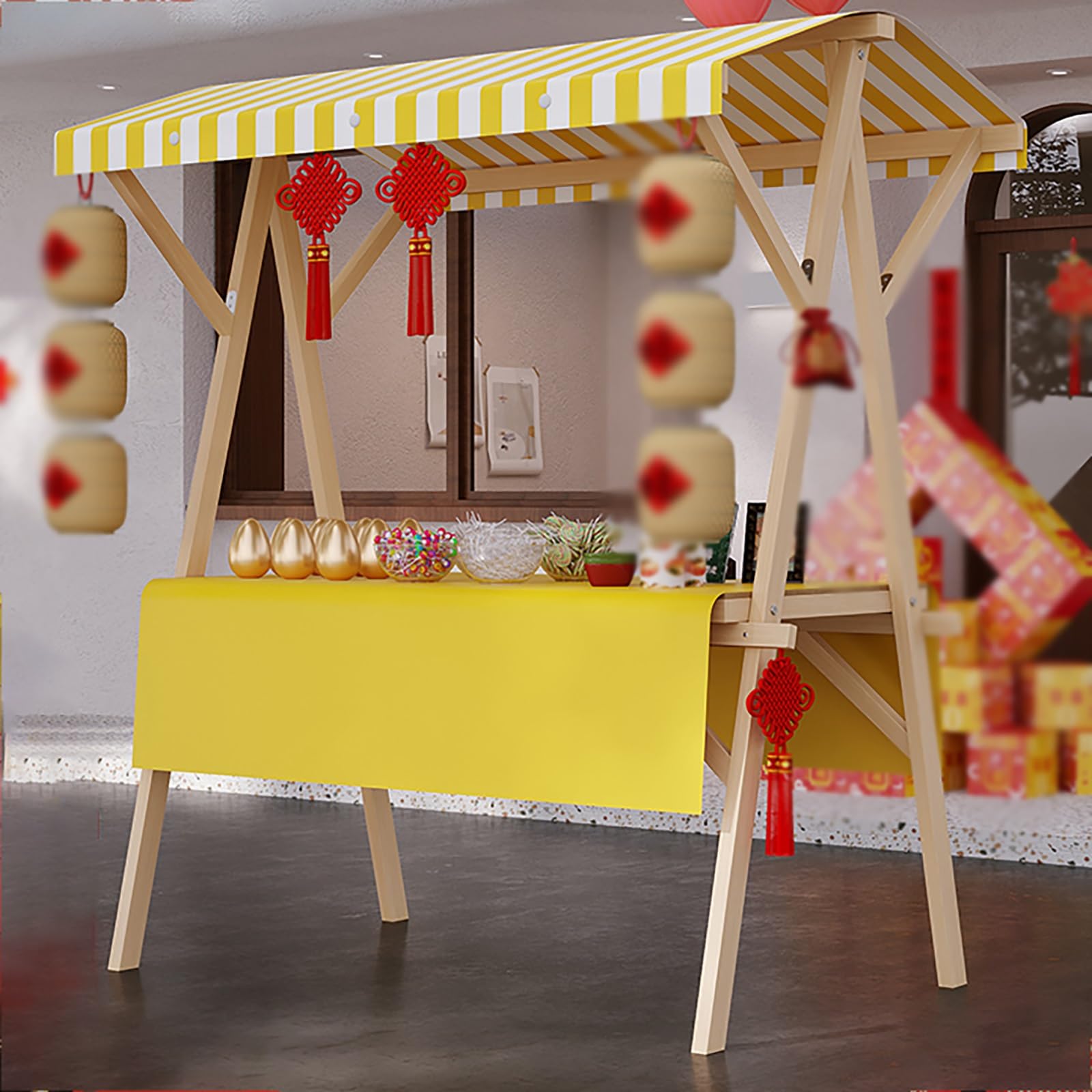 Commercial Vendor Cart with Wheels & Awning, Foldable Food Display Cart for Events/Farmers Market/Street/Beach, Heavy Duty Wooden Retail Booth Kiosk(Yellow,L 150cm)