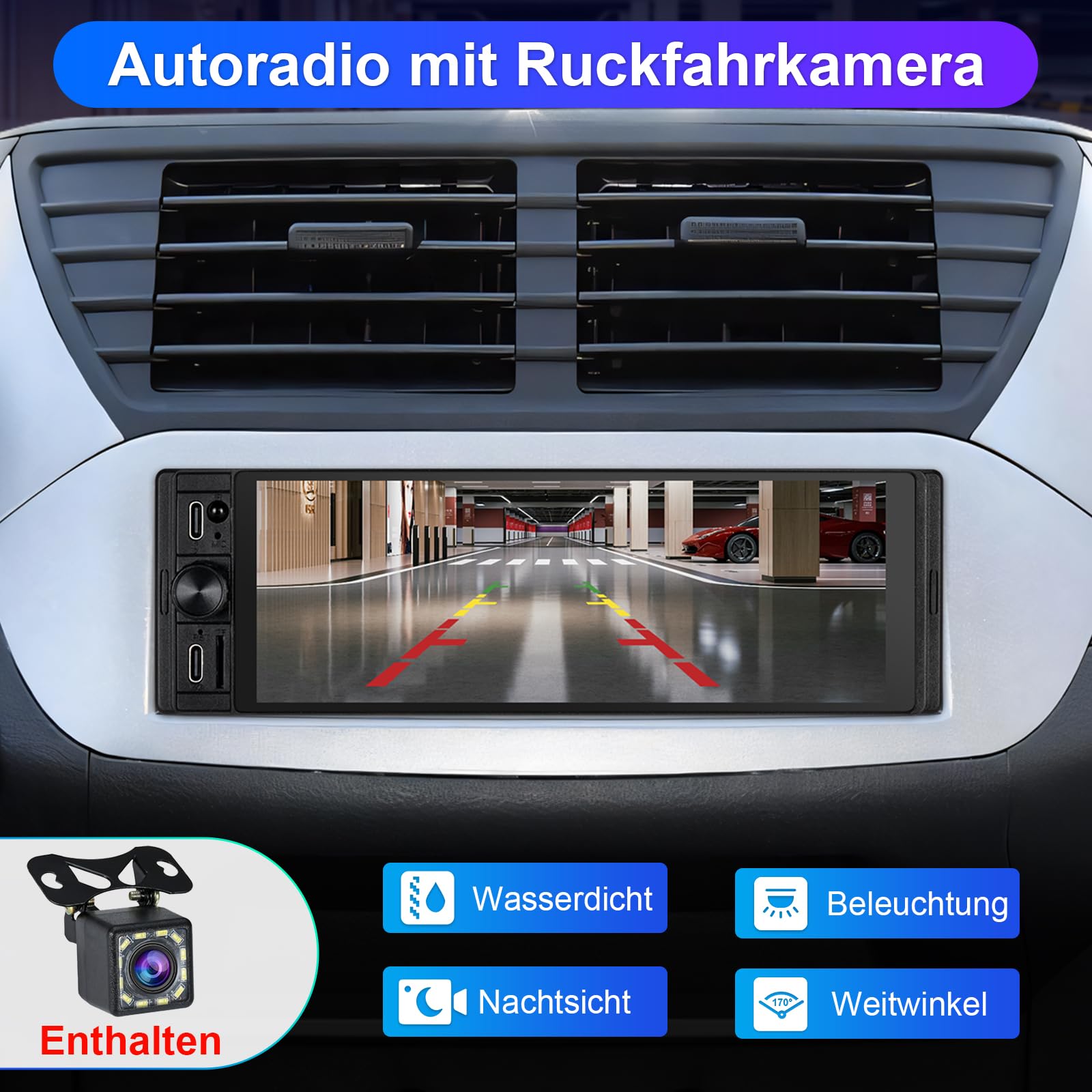 1 DIN Radio Kompatibel mit Wireless CarPlay & Android Auto, Autoradio 1Din mit 6,28 Zoll HD Bildschirm, Navi, Bluetooth, AM/FM/RDS, TF, AUX, SWC