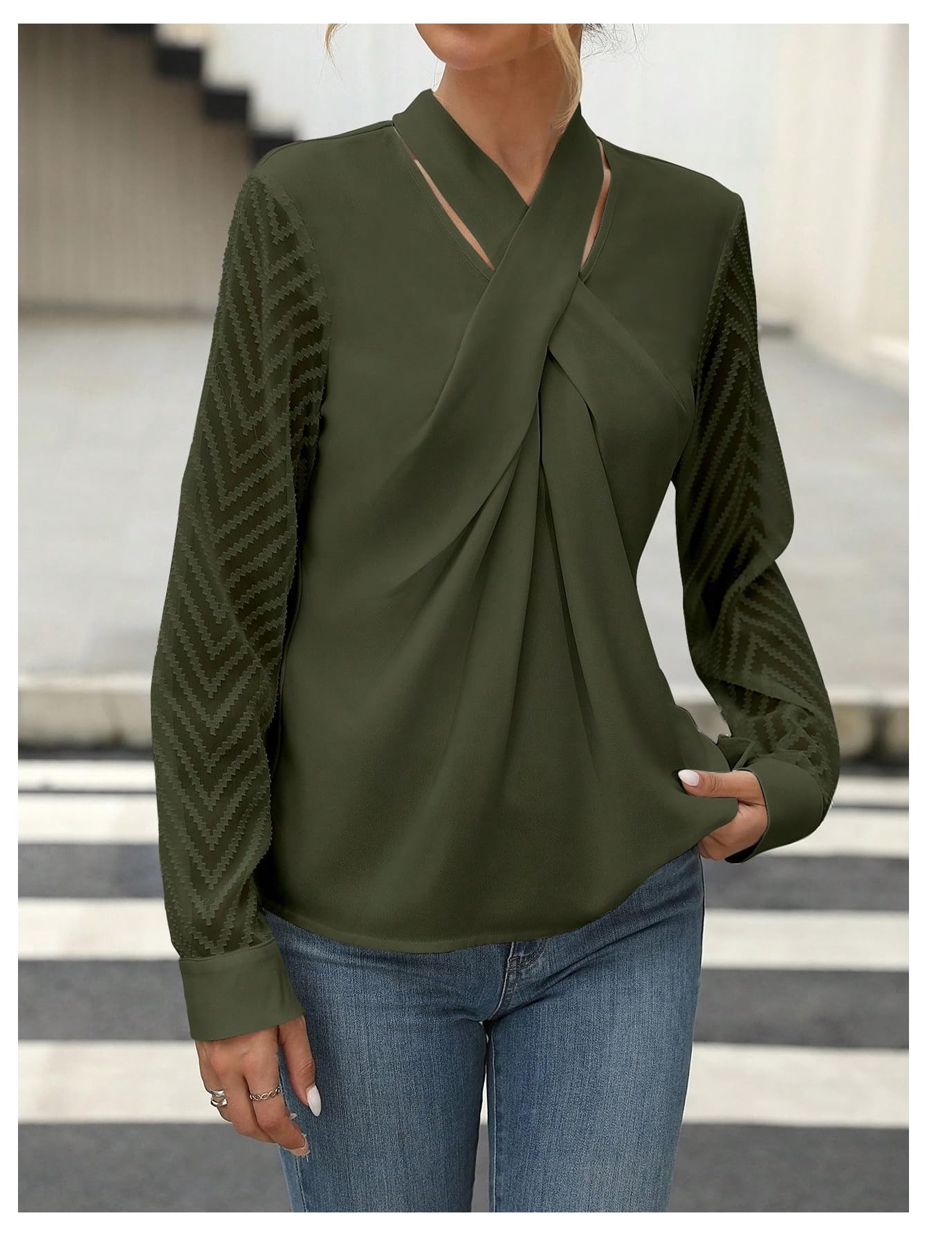 SweatyRocks Women's Mesh Long Sleeve Blouse Criss Cross Tie Neck Pullover Shirt Tops