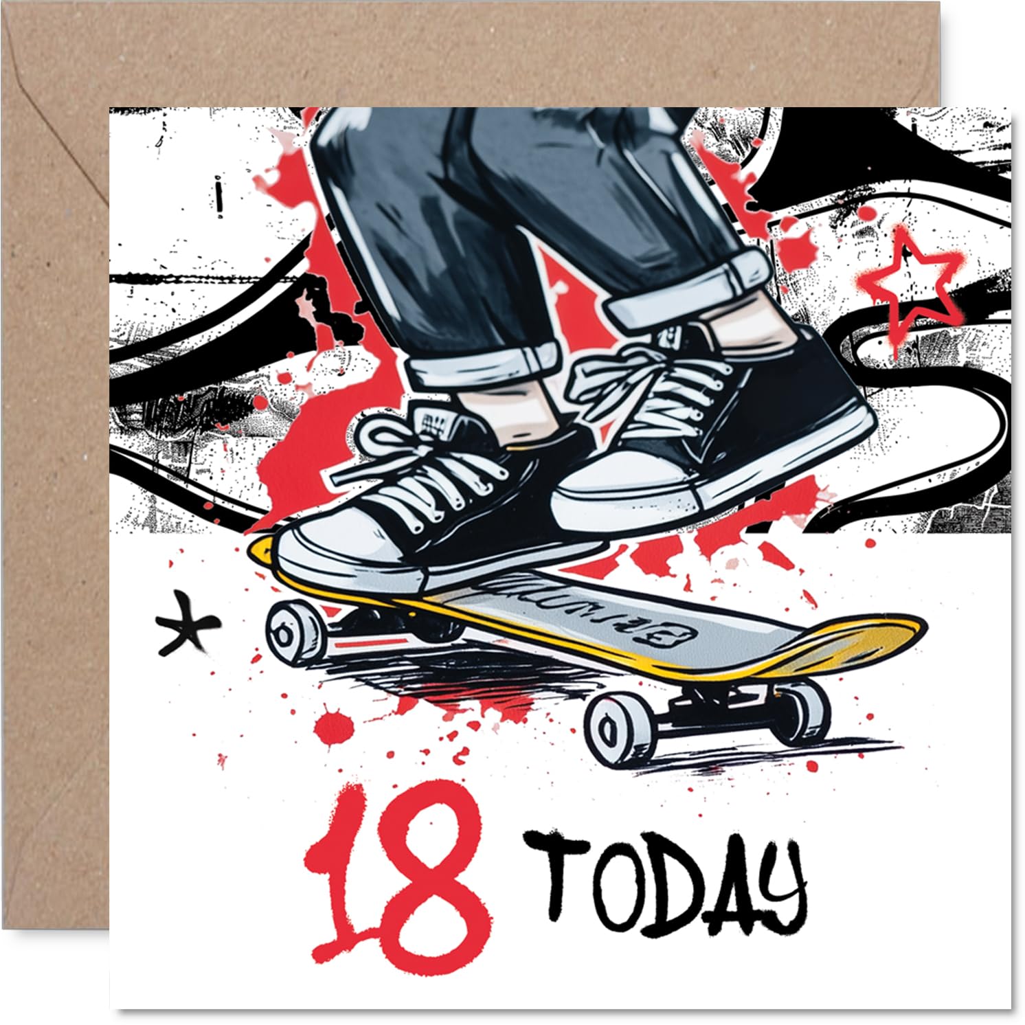 Milestone 18th Birthday Card - Kickflip into Adulthood - Bold Skateboarder Graphic with '18 TODAY' - Bursting with Energy and Street Style - 145mm Square, Envelope Included