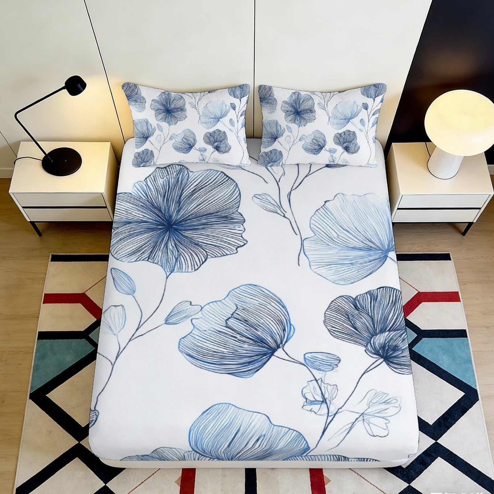 3D Printed Blue Lotus Fitted Sheet Microfiber Soft Breathable Watercolor Leaf Mattress Cover for Bedroom Guest Room Decor 90x200x25cm