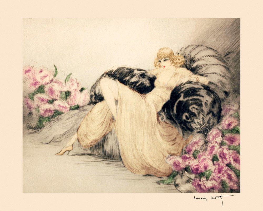 Fashion Blond Girl Lady with Flowers Sofa by Louis Icart Fine Deco