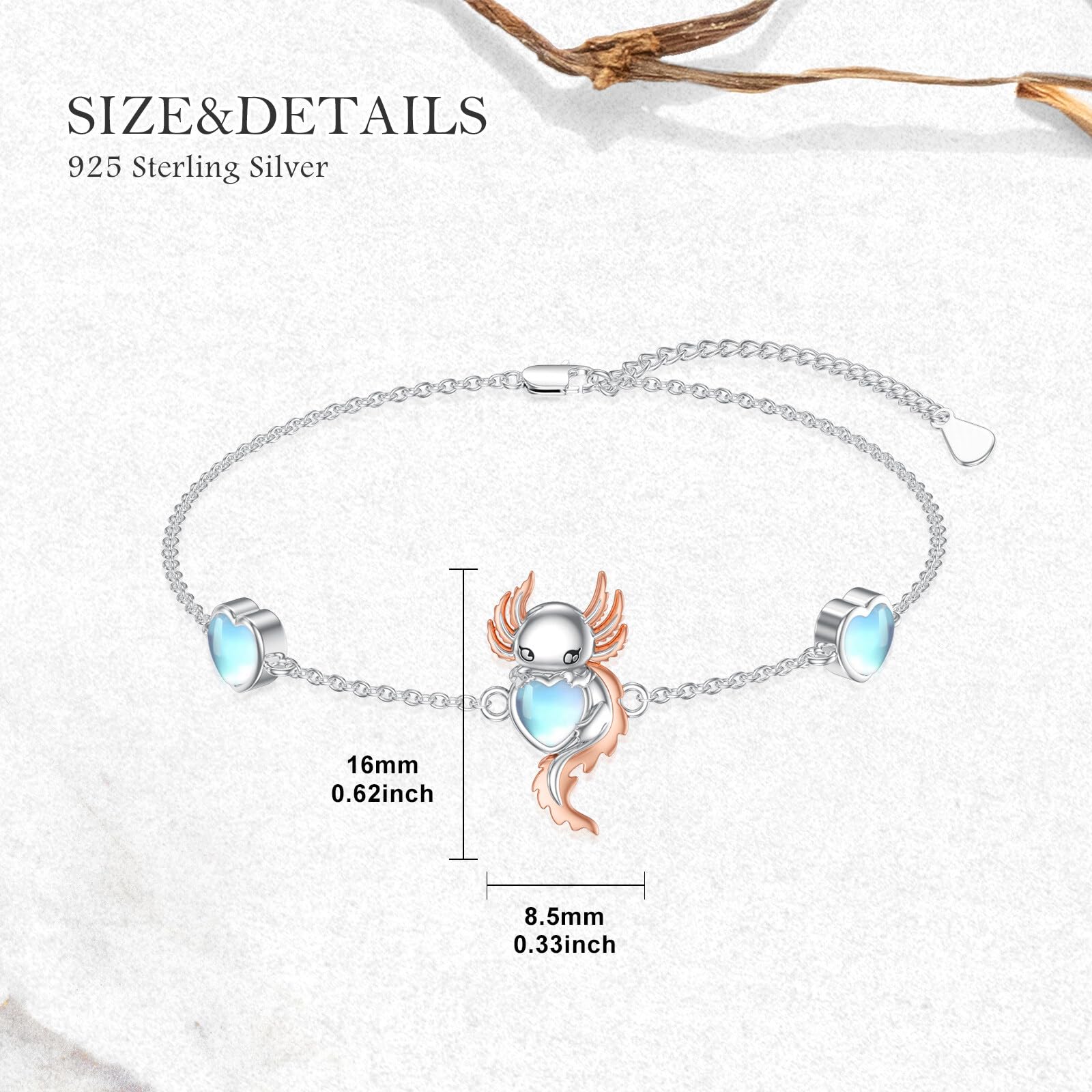 Mondstein Axolotl Armband für Frauen 925er Sterlingsilber Axolotl Armband mit Herz Schmuck Geburtstagsgeschenke für die Tochter