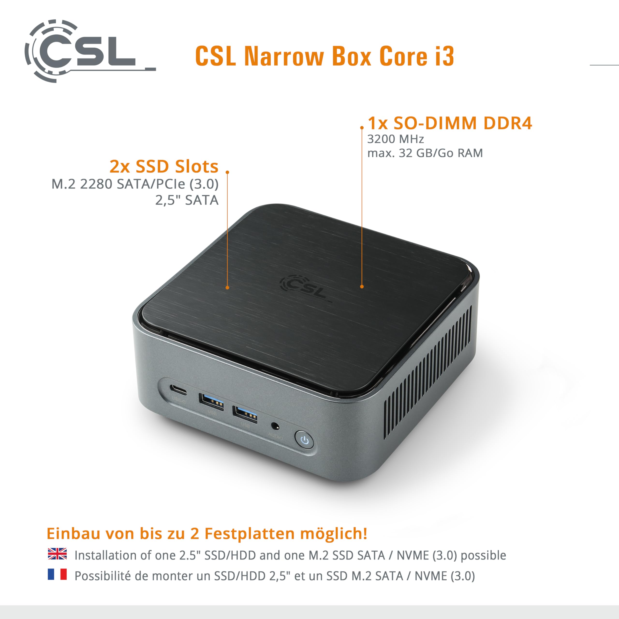 Mini PC CSL Narrow Box Core i3 Windows 11 Pro, Intel Core i3-N305 8X 3800MHz Turbo Clock, 2000GB M.2 SSD, 32GB DDR4-RAM, Intel UHD Graphics, HDMI 2, USB 3.2, BT 5.2, DisplayPort, Dual WLAN