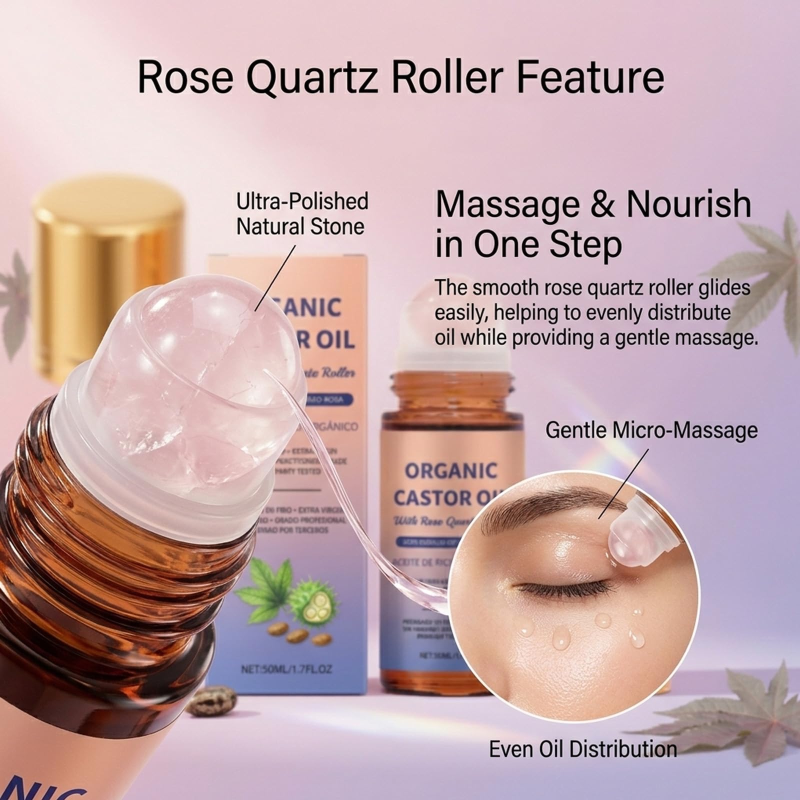 Bio-Rizinusöl mit Rosenquarz-Roller für Massage, Tiefenfeuchtigkeit Hautfeuchtigkeitscreme Kaltgepresstes Feuchtigkeitsöl für Hai, Augenbrauen, Wimpern, Haaransatz & trockene Haut, Nagel (5P)