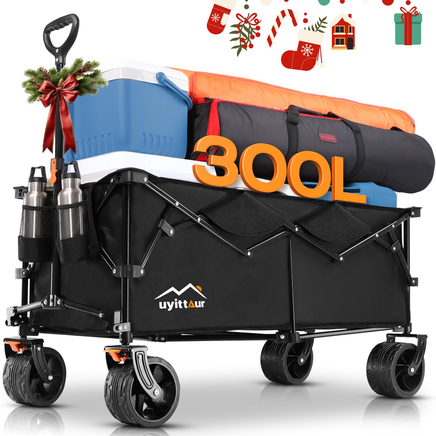 300L Extra Large Collapsible Foldable Wagon, 440lbs Load Capacity 48''L Extended Heavy Duty Folding Beach Wagon with Big All-Terrain Wheels, Utility Garden Cart for Outdoor Activities, Black