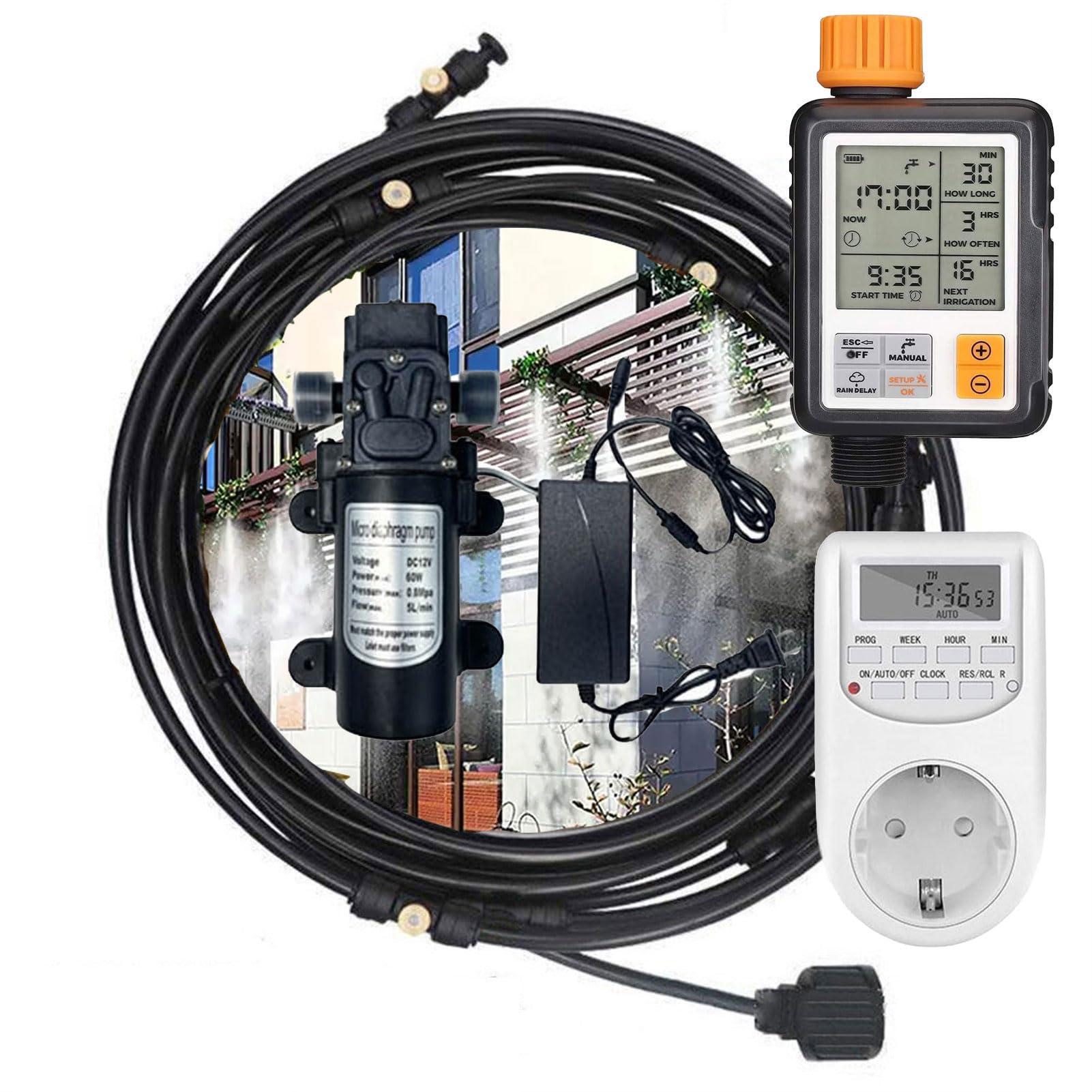 Melairy Black Outdoor Misting Cooling System Kit With Timer & Pump, Patio Misters Mister System Drip Irrigation System For Outside Patio, Garden Cooling System Diy Mic(Size:30m/98.4Fttube + 45 Nozzles,Color:black)