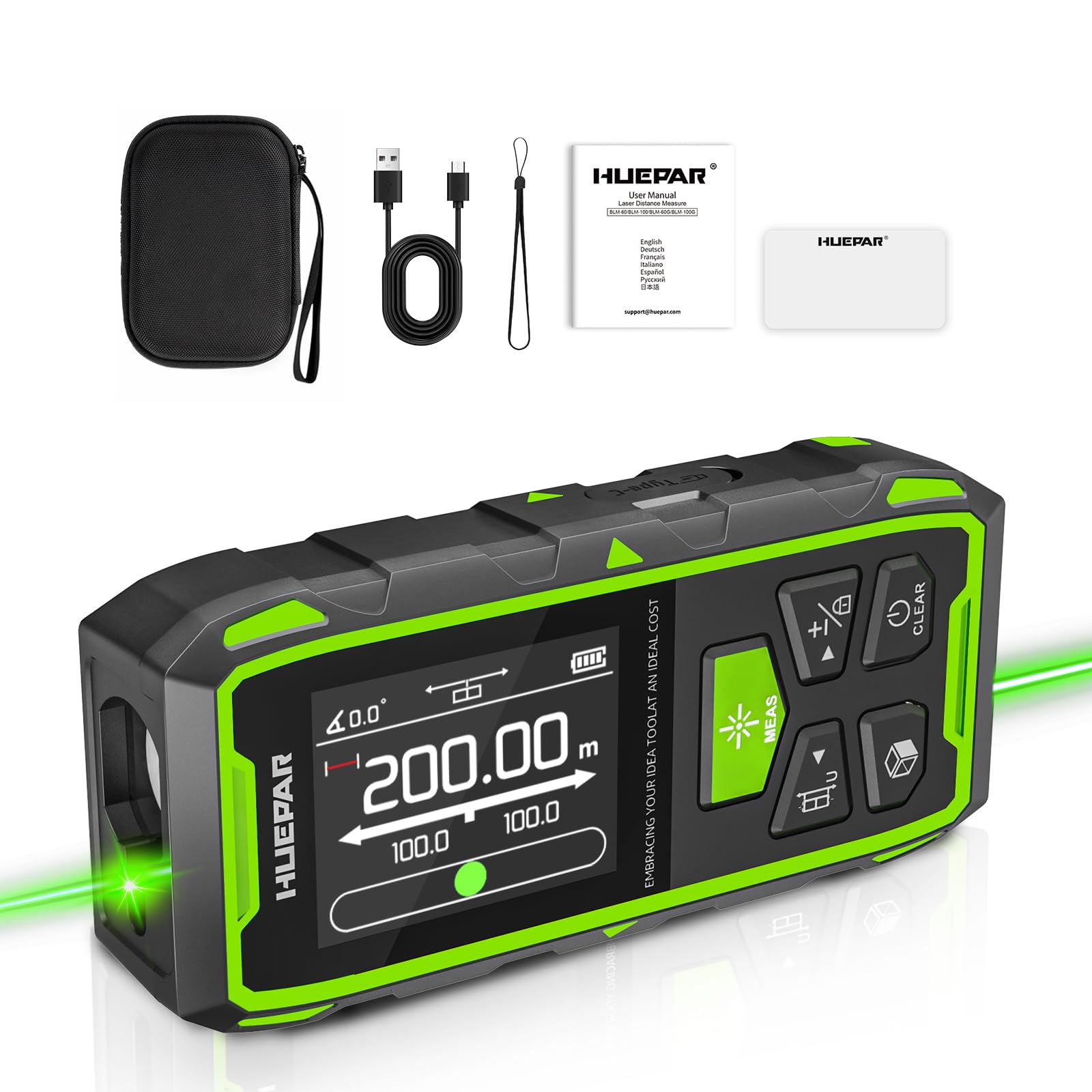 Huepar Miernik Laserowy 396FT Laserowe Narzędzie Pomiarowe Cyfrowe Laserowe Mierniki Odległości z 2 Poziomicami Bąbelkowymi, Podświetlanym LCD, Pomiar Odległości, Powierzchni i Objętości oraz Tryb