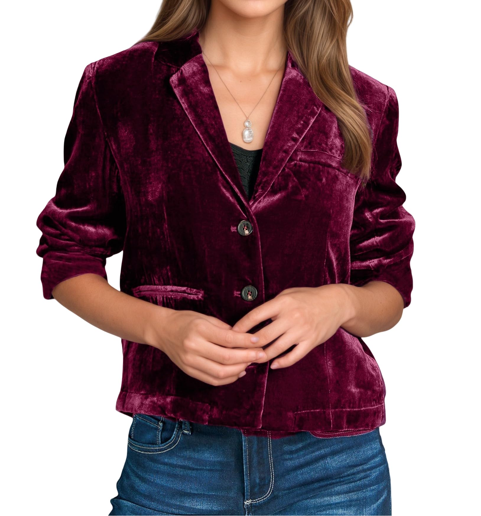 Womens Velvet Cropped Blazer Jacket for Women Long Sleeve Casual Lapel V Neck Button Up Work Office Suit