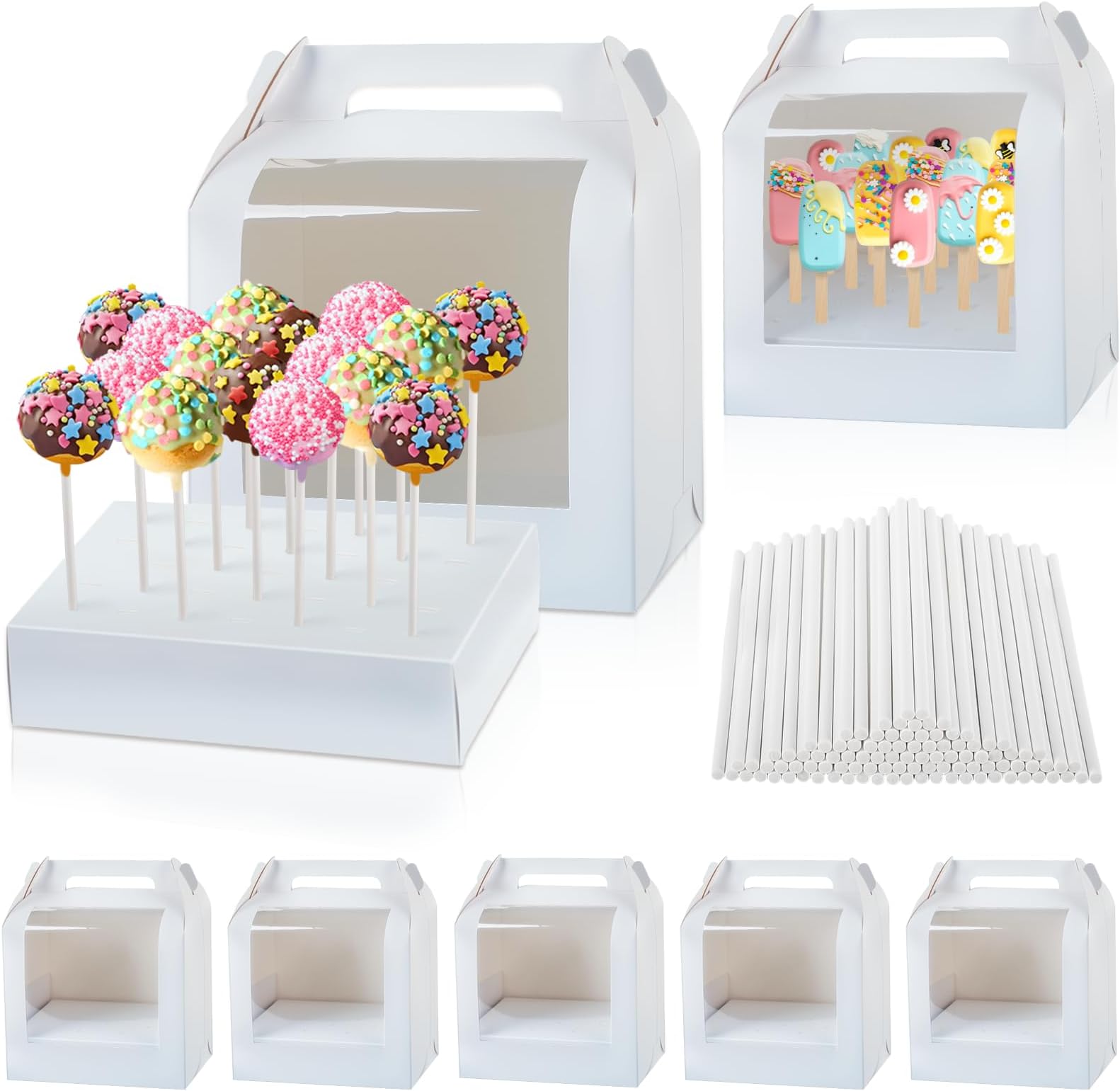 MGWOTH Cake Pop Boxes Packaging with Sticks Set, 5PCS Cakesicle Display Stand with Window, Portable Lollipops Transport Holder with 100Pcs Paper Sticks, Bakery Containers for Babyshower, Party