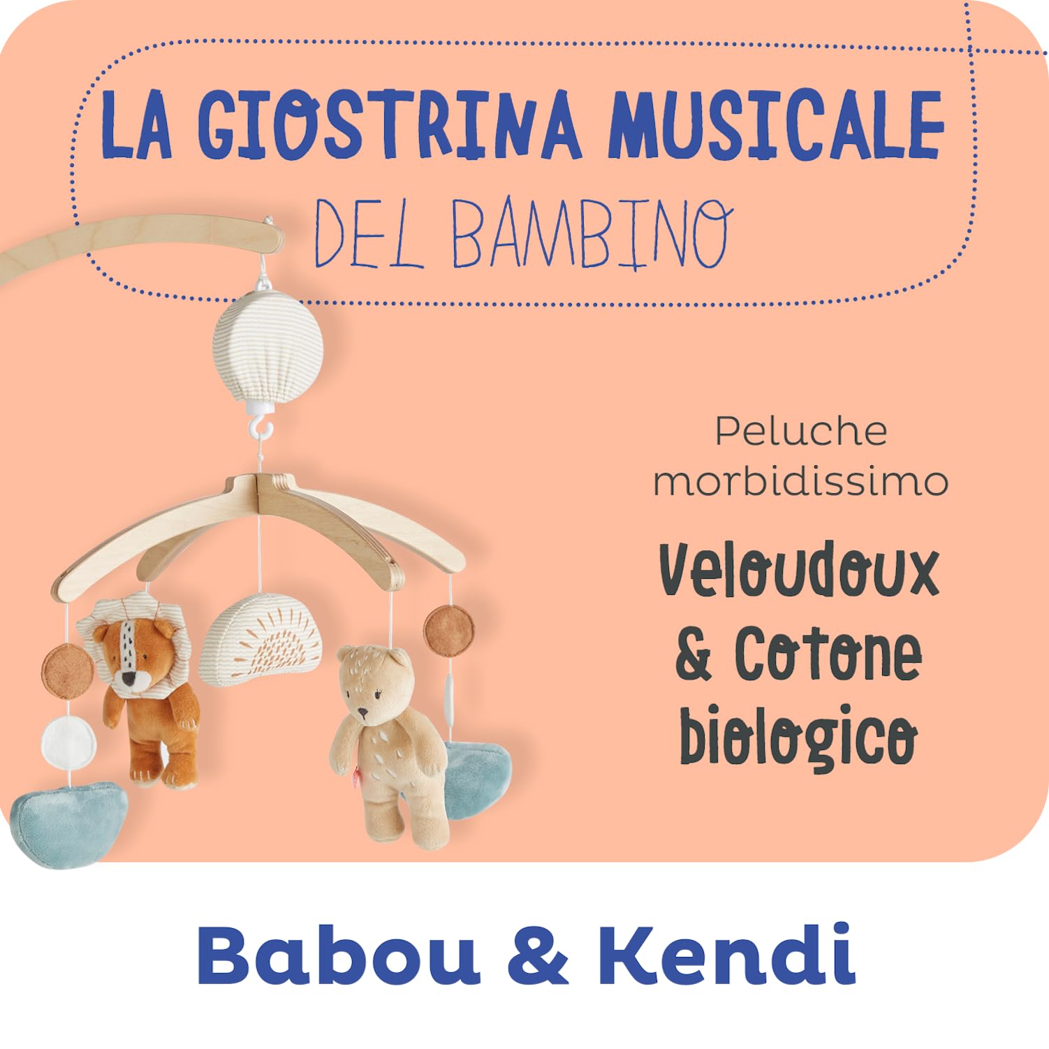 Noukie's - Giostrina musicale in legno pastello Babou & Kendi - Giostrina per culla, lettino con le sponde, box - Gioco stimolante