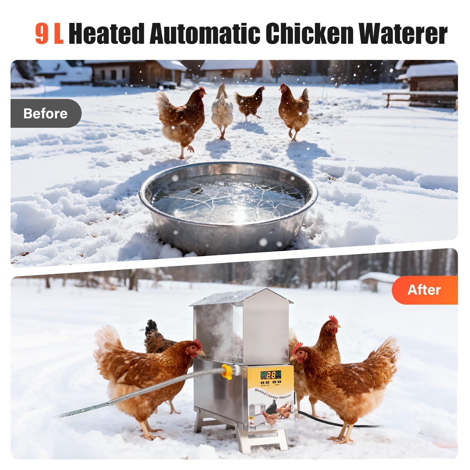 Beberera Calefactada Para Pollos,De Acero Inoxidable De 9 Litros Para Aves De Corral, Beberera Para Pollos Para Invierno, Calefactor Para Beberera AutomáTica Para