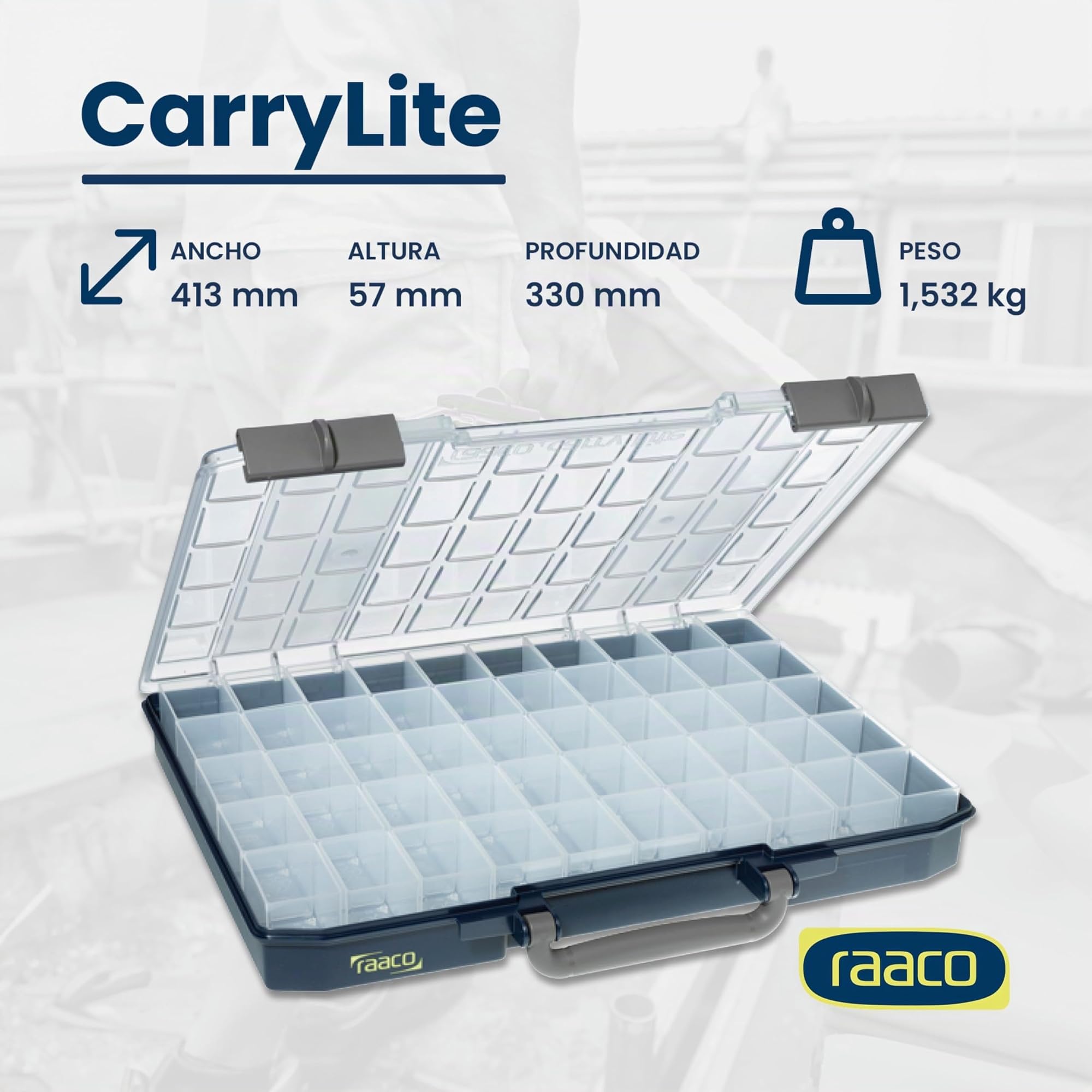 Raaco CarryLite 55 5x10-50 caja organizadora, 50 compartimentos, claro | Organizador de Tornillos Ligero, con 50 Compartimentos, Capacidad de Carga 10 kg, Almacenamiento Seguro, Tapa Transparente