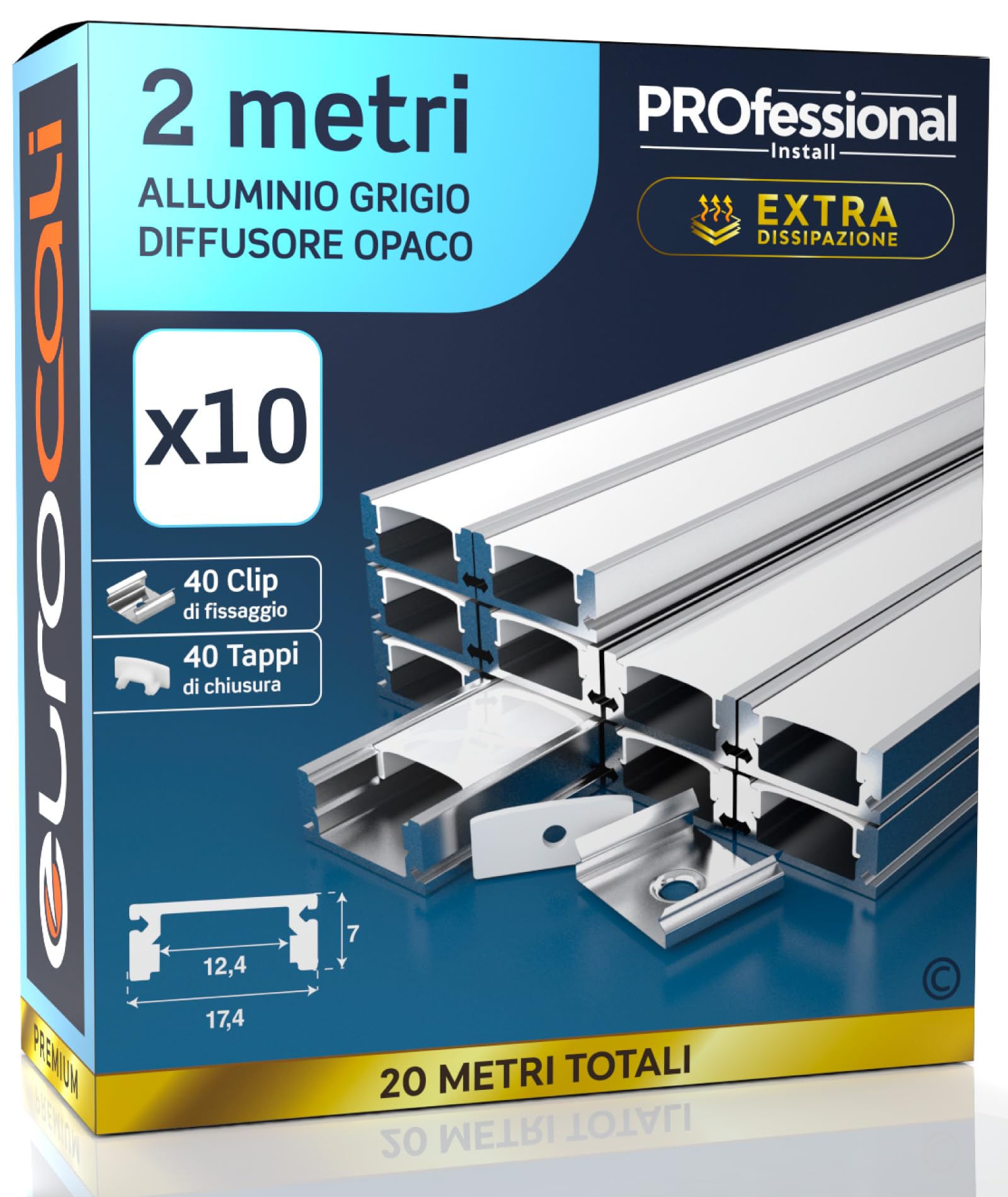 Eurocali 10x Profili da 2 metri in Alluminio grigio per Strisce LED Copertura Opaca - larghezza max striscia led 12.4mm - 17.4 x 7