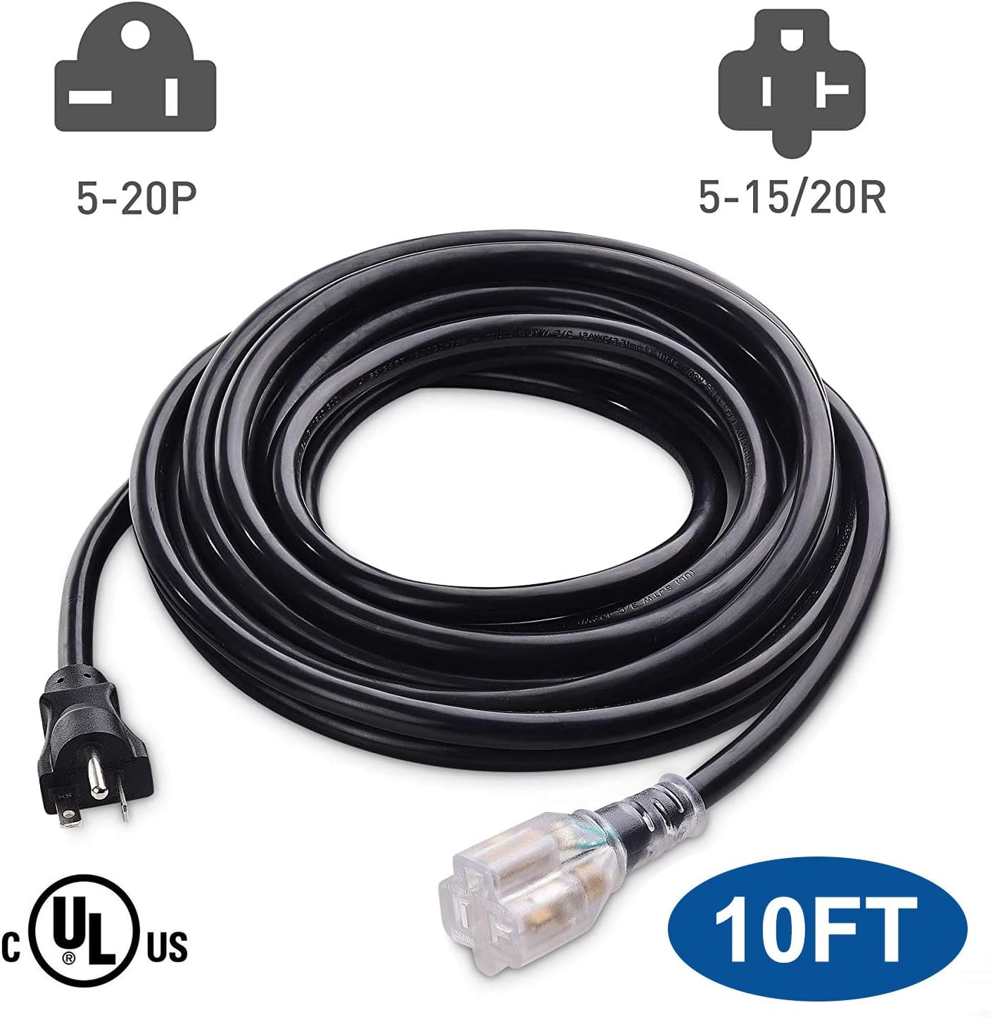10FT 12 Gauge Heavy Duty Durable NEMA 5-20P/NEMA 5-15/20R Indoor/Outdoor Extension Cords, 20 Amps 125Volts…