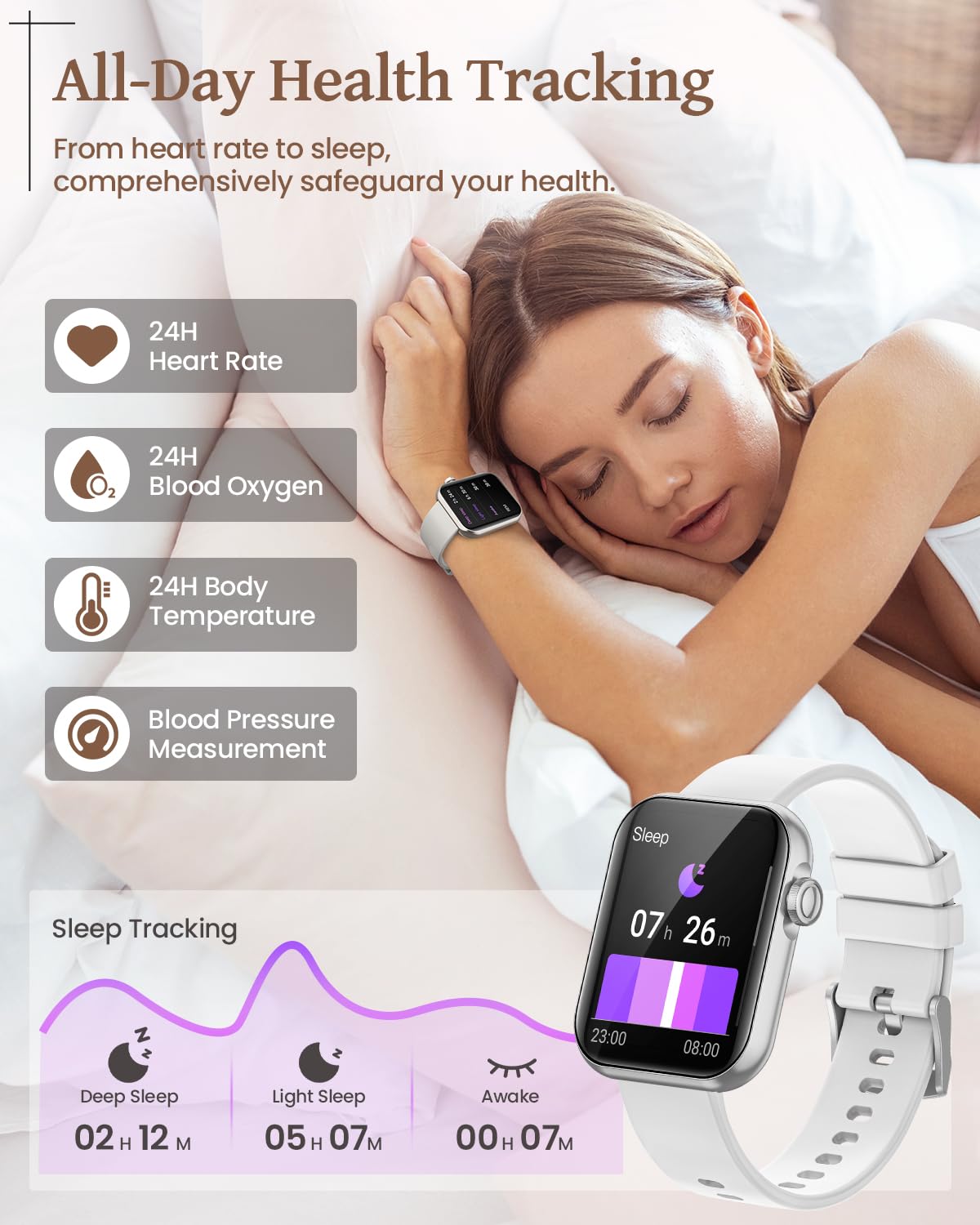 AIMIUVEI Smartwatch Donna, Orologio Smartwatch con Chiamate e Whatsapp, 120+ modalità Sportive, 24H Frequenza Cardiaca SpO2, Sonno Fisiologia Femminile IP68 Notifiche Calorie per Android iOS Argento