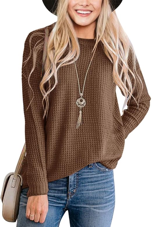 MEROKEETY Women's Long Sleeve Waffle Knit Sweater Crew Neck Solid Color Pullover Jumper Tops