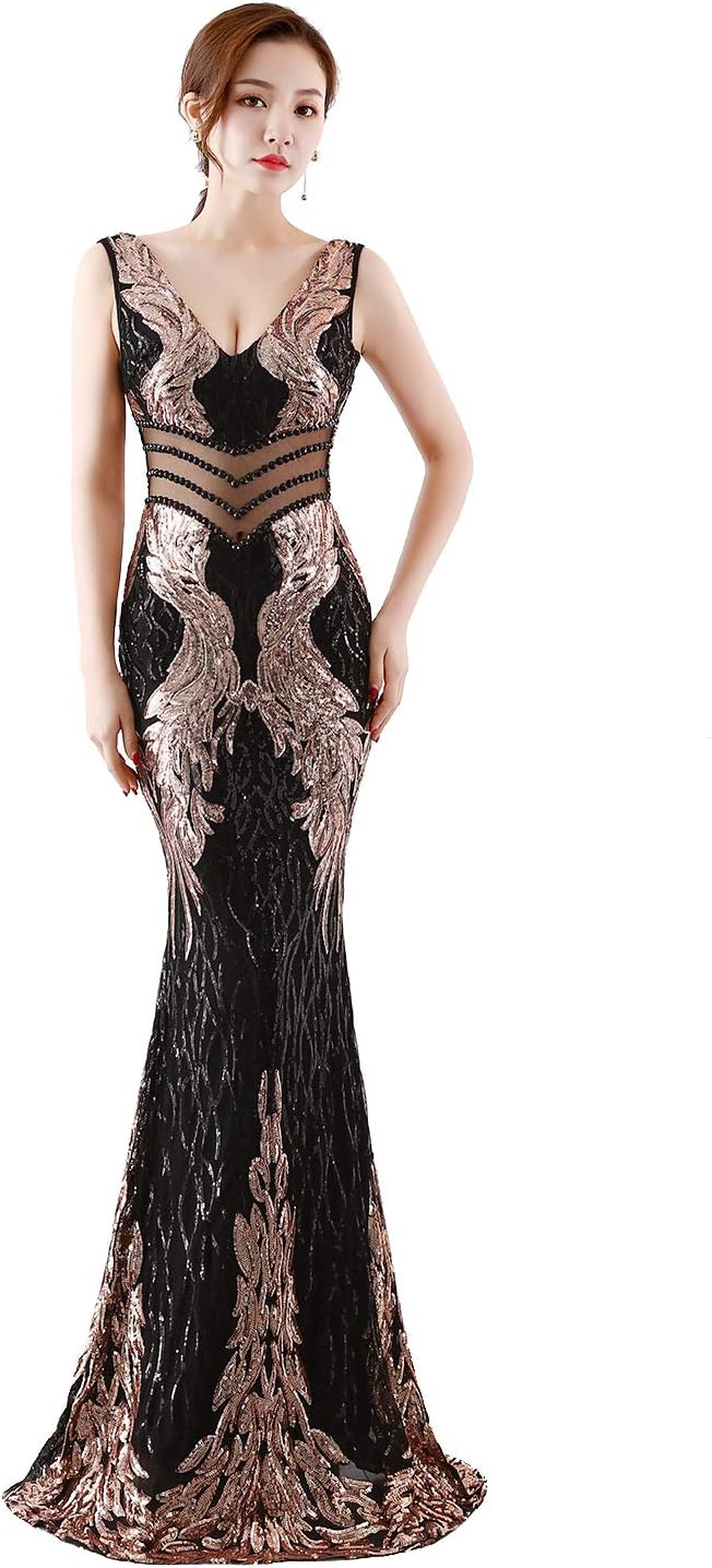 Sxfashbrd Women V Neck Open Back Long Sequins Mermaid Formal Evening Dress Prom Party Cocktail Dresses Bridal Gown