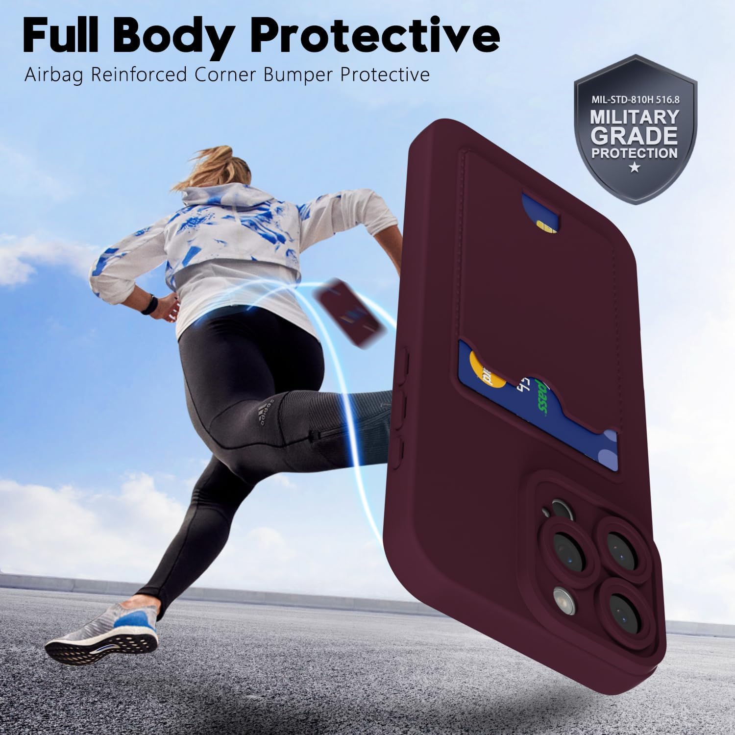 oakxco for iPhone 16 Pro Case with Card Holder, Cute Silicone Wallet Phone Case with Credit Card Slot, Soft Rubber Thin Slim Purse for Women Men with Camera Cover Protection, Burgundy Maroon image 5