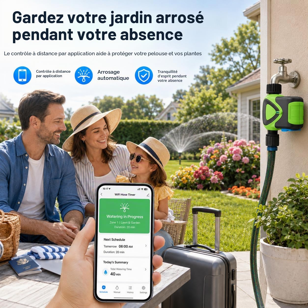Programmateur d'Arrosage WiFi sans Hub, Minuterie d'Arrosage Connectée avec Contrôle par App 2,4 GHz, Arrosage Automatique, Compte à Rebours, Programmation, IP65 pour Jardin Pelouse Serre