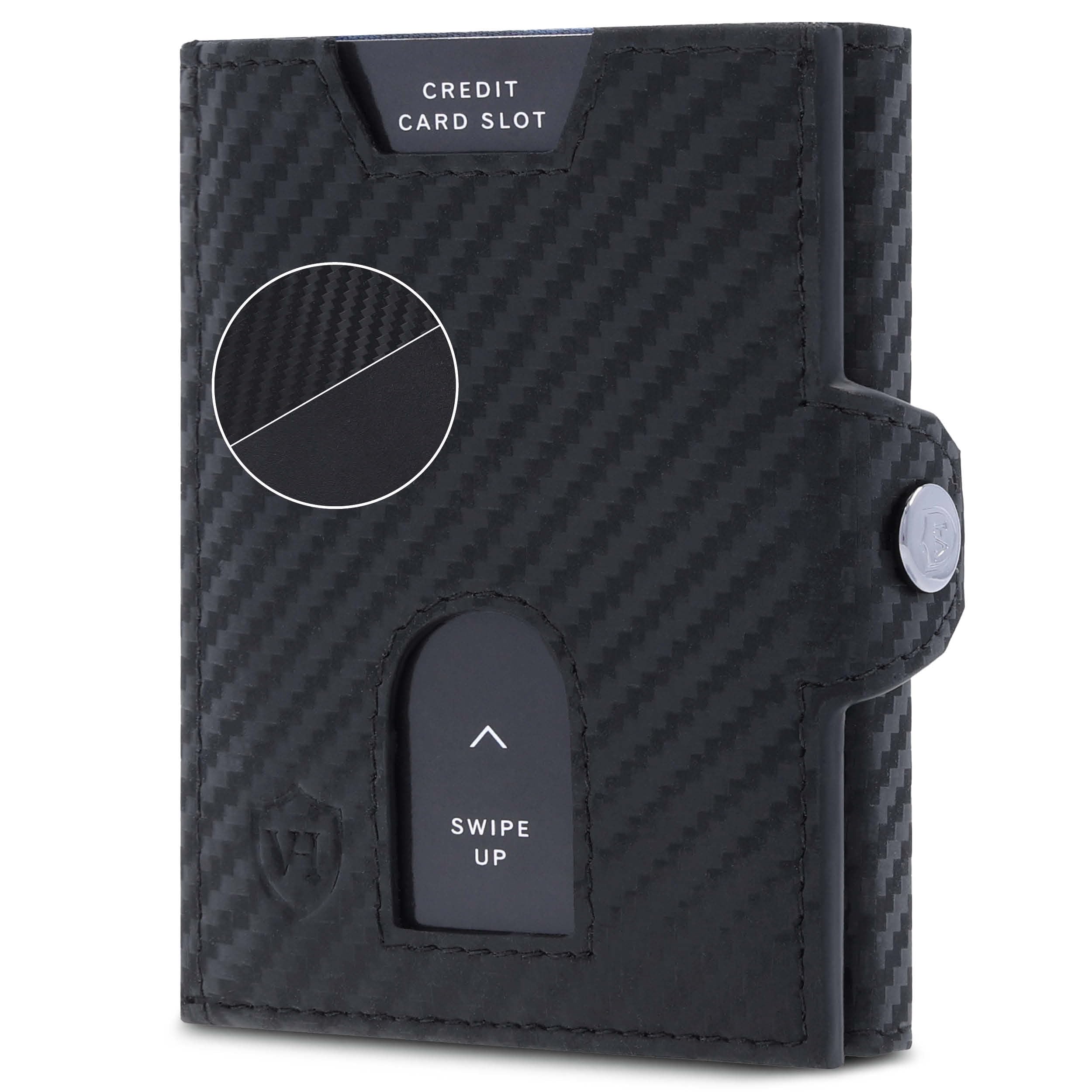 VON HEESEN Slim Wallet mit Münzfach & RFID Schutz - Geldbörse Herren & Damen - Kartenetui Kreditkartenetui - Mini Portmonee Geldbeutel Portemonnaie klein Carbon-Schwarz (PU)