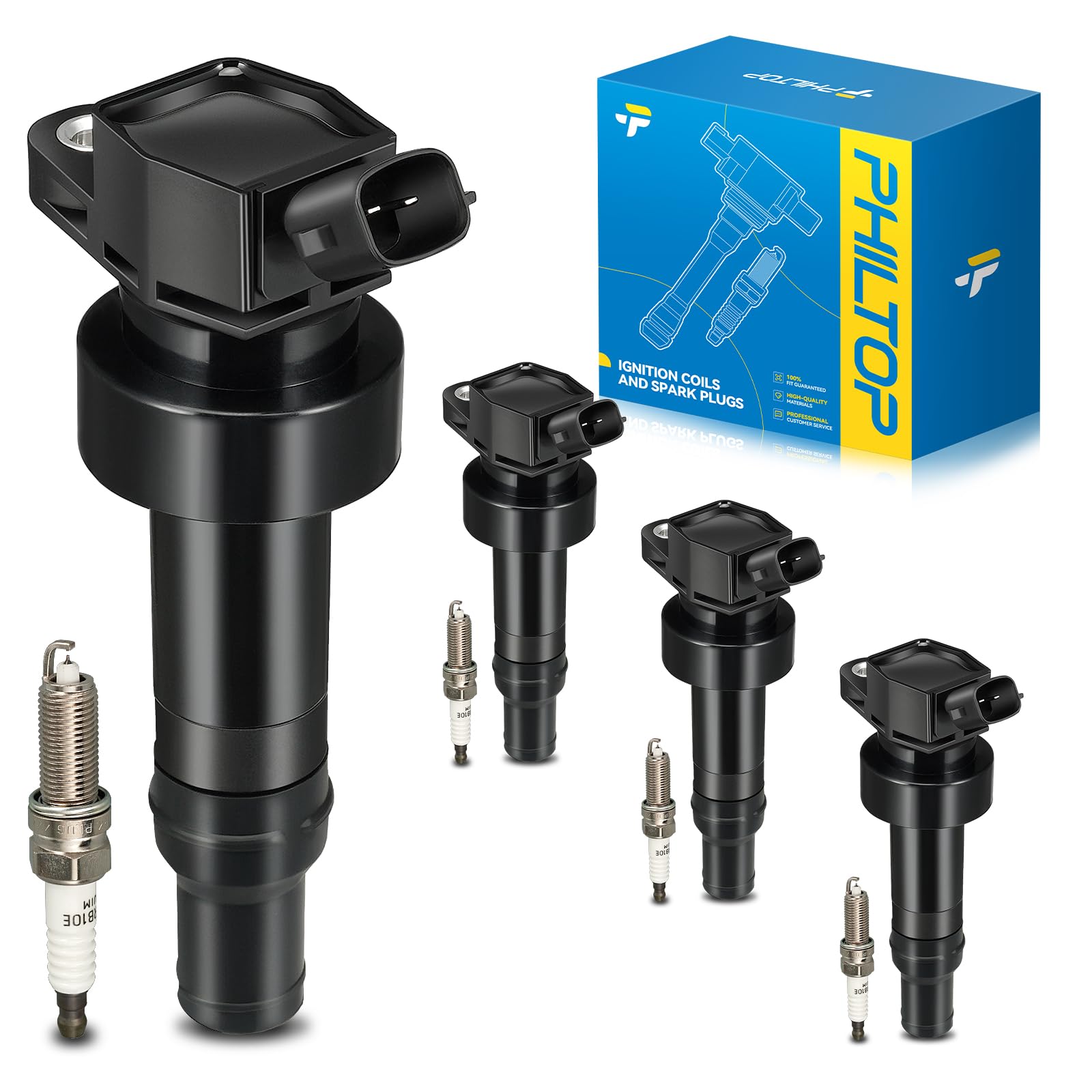 PHILTOP UF652 Ignition Coil Pack and Spark Plugs Kit Fits for Kia 2012-2019 Soul 1.6L, Hyundai 2012-2019 Accent, Kia 2012-2019 Rio, Hyundai 2013-2017 Veloster 1.6L, Hyundai 2012 Veloster, 4PCS