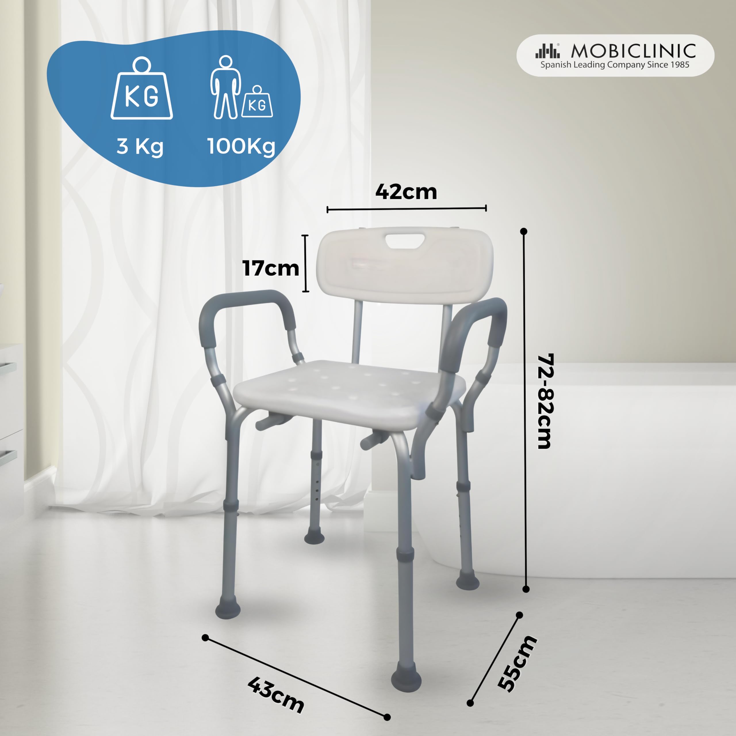 Mobiclinic, Silla de Ducha con Respaldo, Baño, para Adultos, Puerto, Marca española, Ortopédica, Antideslizante, Altura Regulable, Ayuda Ancianos y discapacitados, WC, Ergonómica