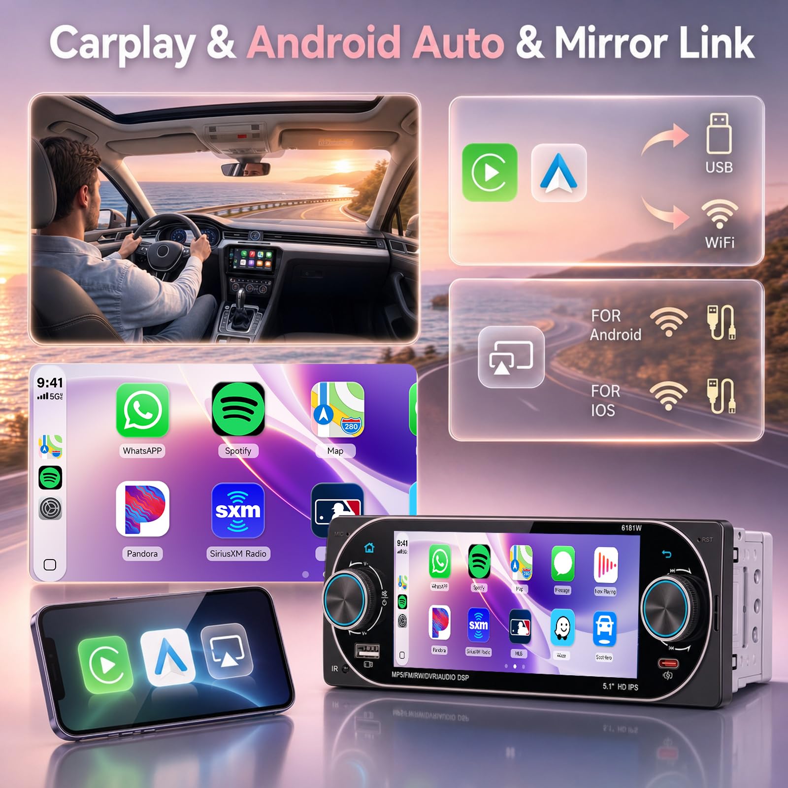 Hodozzy Bezprzewodowe radio samochodowe z systemem Android 1 Din z ekranem 5.1 cala z USB Type-C, kompatybilne z Bluetooth 5.2, radiem FM, szybkie ładowanie, lustro łącze, EQ, kamera cofania