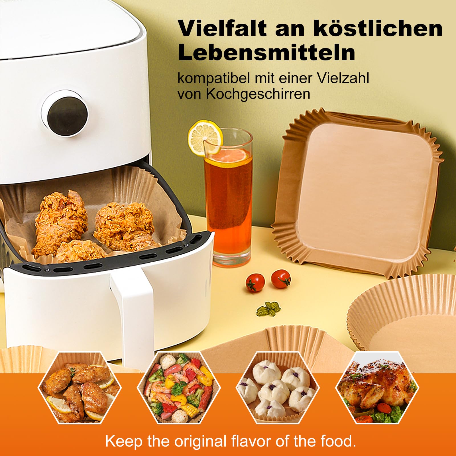 Ctizne Backpapier für Heißluftfritteuse, Quadratisch, Zubehör für Ninja/Philips/Cosori/Tefal Luftfritteuse (100, Quadrat 20-24 cm)