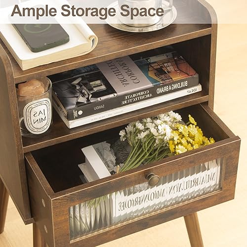 Miniatura 7 de AWASEN Mesita de noche de mediados de siglo con estación de carga, mesita de noche de madera con cajón de cristal, mesita de noche pequeña y moderna