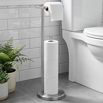 Housolution Toilet Paper Holder Stand, Brushed Nickel Freestanding Toilet Paper Holder with Post Pivoting Design and Stable Weighted Base, Stainless Steel Bathroom Toilet Paper Holder
