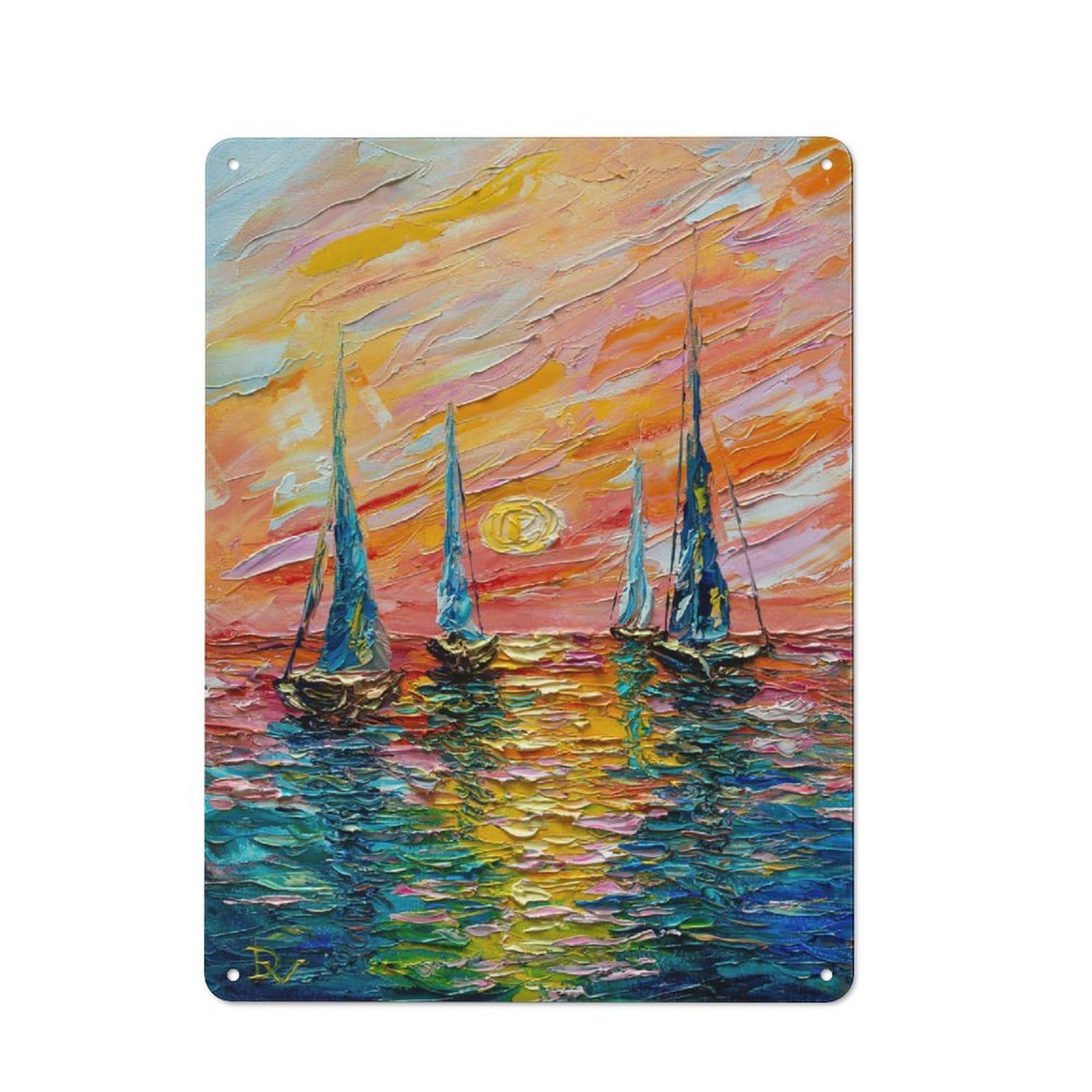 Junmoney Style-17 Impasto Sailboats At Sunset Painting Retro Metal Wall Sign 40X30cm For Living Room Or Hallway, For Collectors Decorating Living Rooms And Hallways