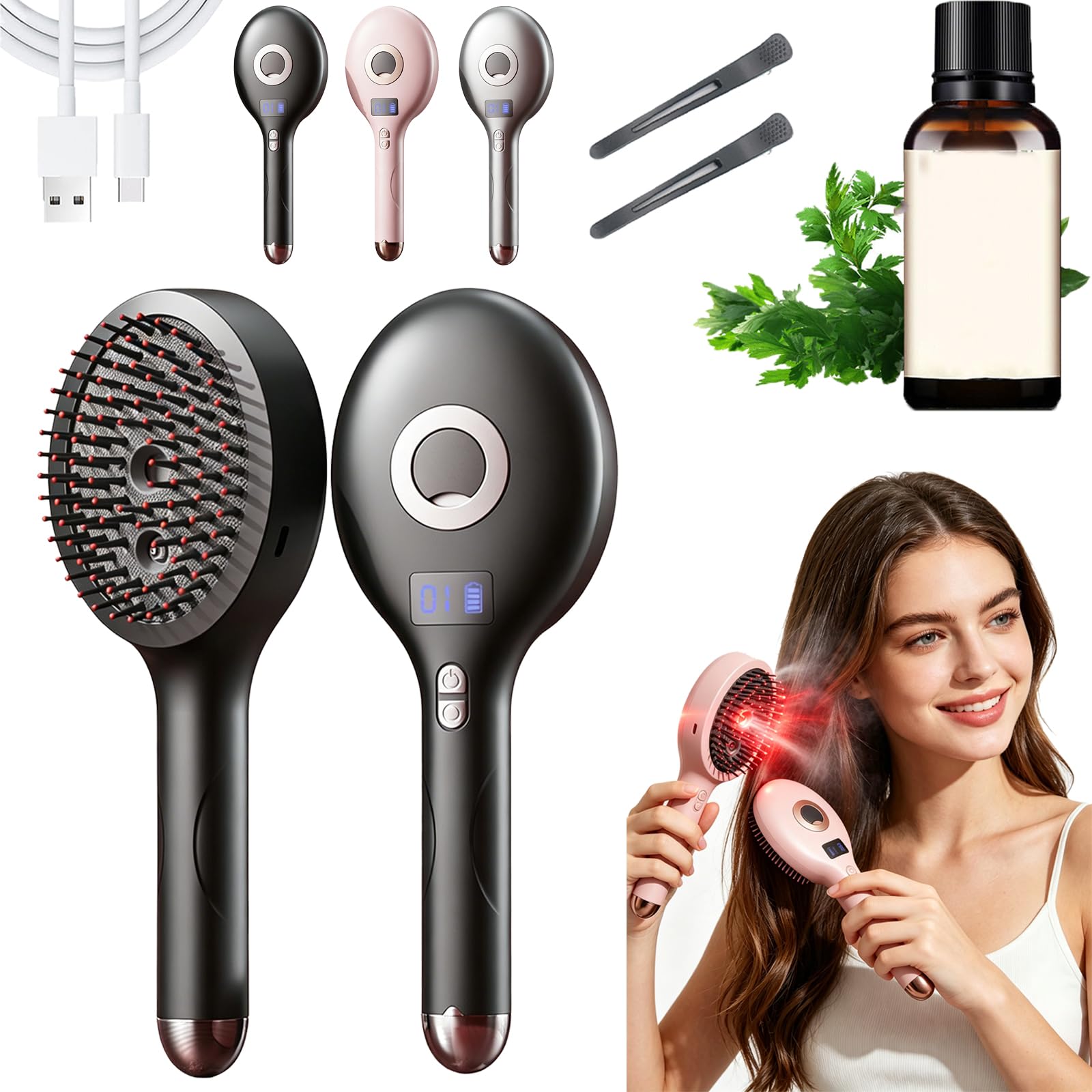 Electric Spray Air Cushion Massage Comb, Rechargeable Mist Hair Brush With Easy-Clean Design, Detang, Herramienta InaláMbrica PortáTil Para Alisar El Estilo Y (Negro)