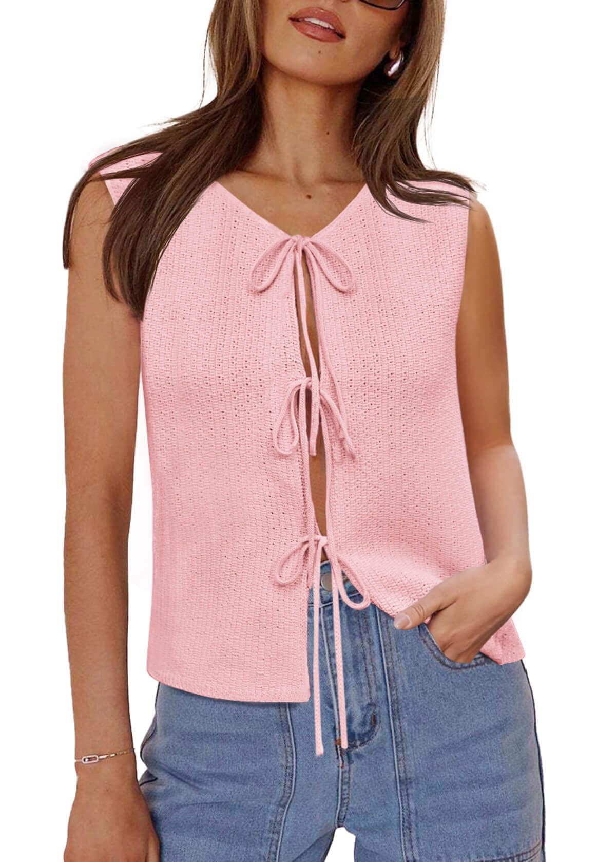 Yousify Women’s Tie Front Sweater Vest 2025 Sleeveless Crochet Knit Summer Y2K Going Out Tops