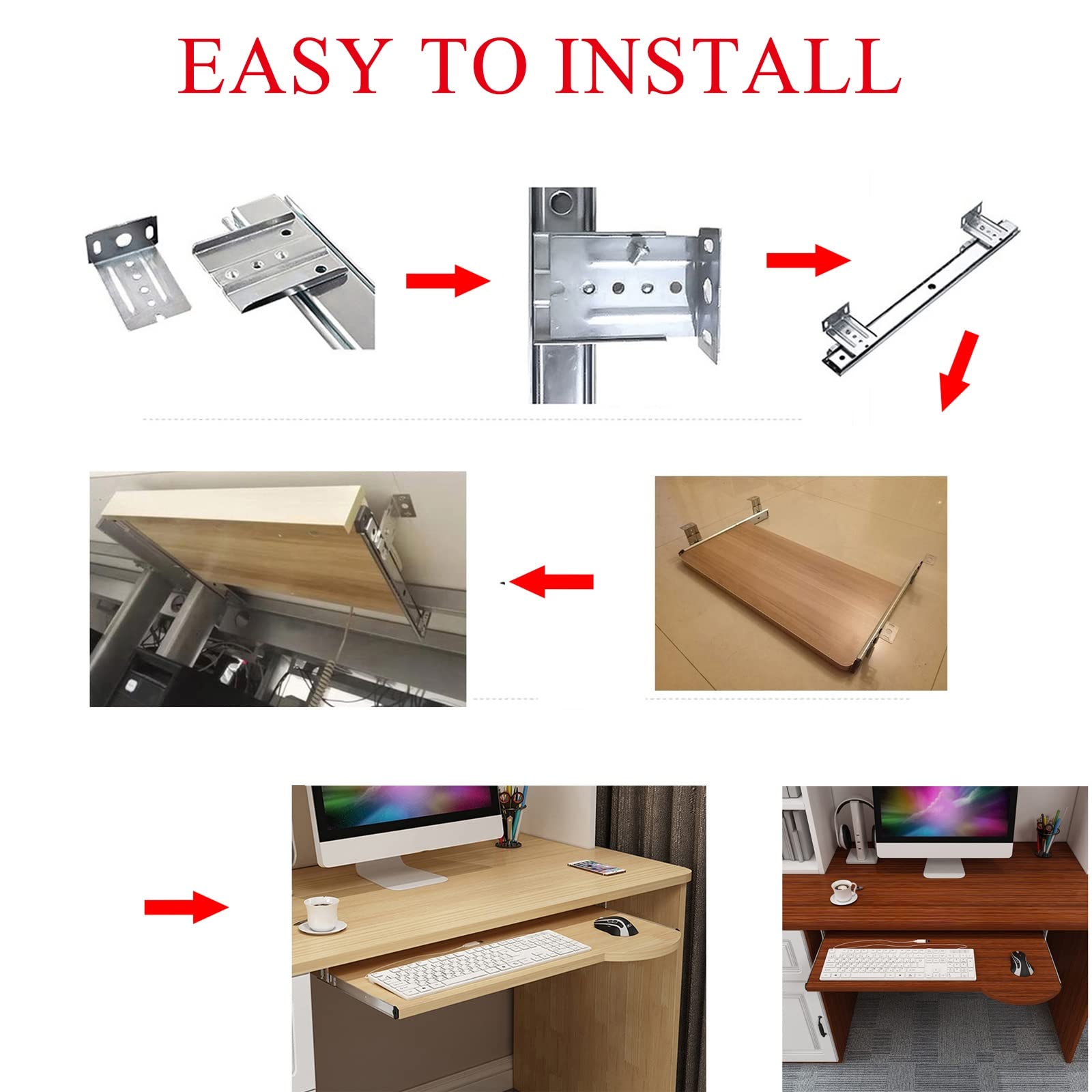 Bandeja ajustable para teclado debajo del escritorio, estante deslizante ergonómico para teclado con rieles de extensión, capacidad de carga de 24 kg, perfecto para nización y comodidad en el espacio
