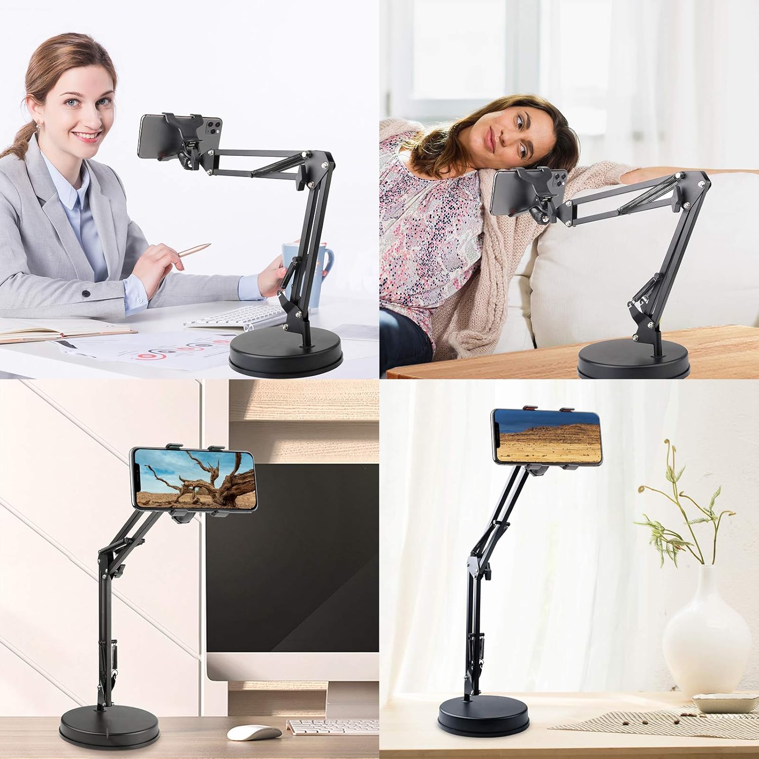 Chromlives Overhead Phone Mount - Articulating Arm Stand with Base, 360 Adjustable Phone & Tablet Holder