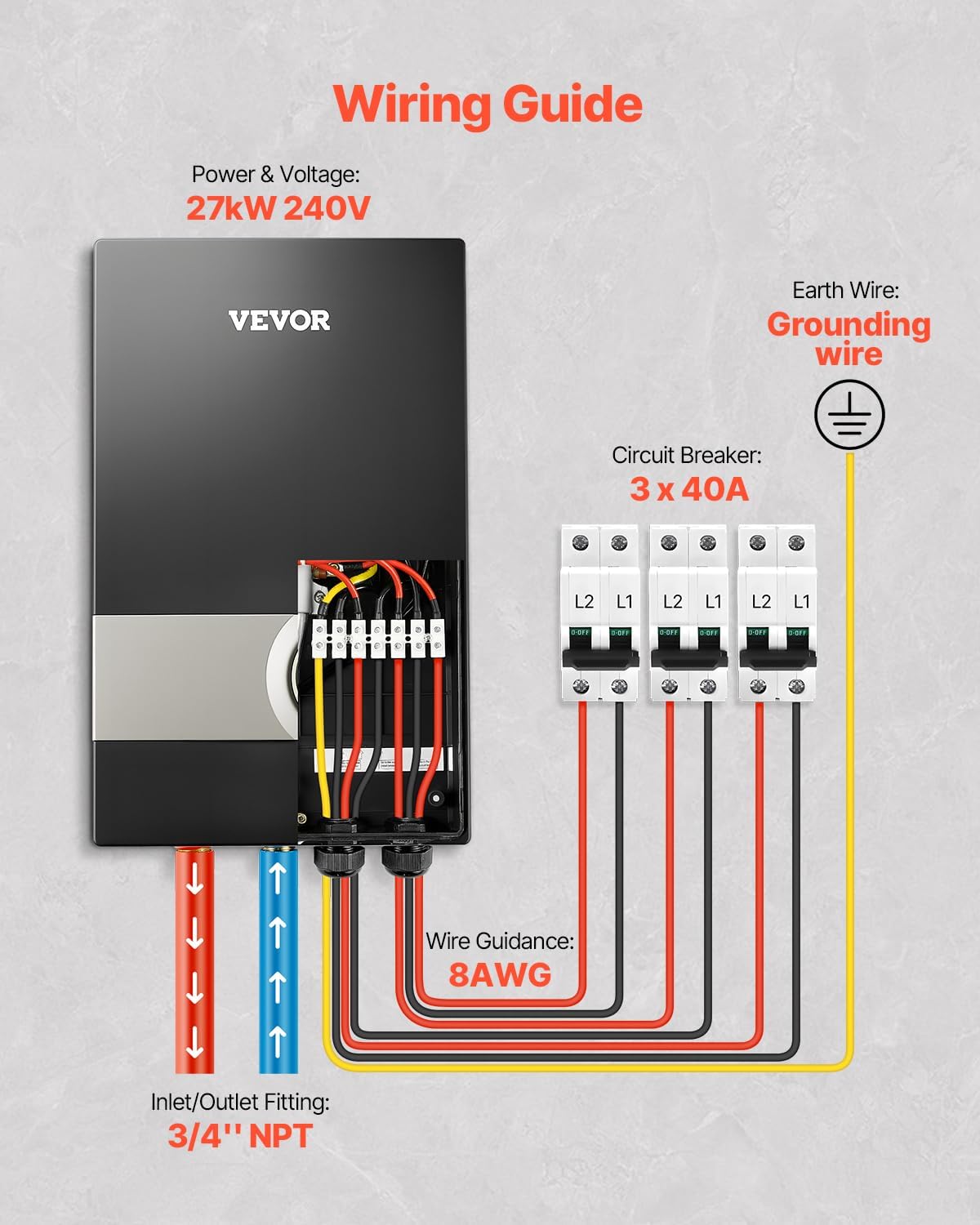 VEVOR Tankless Electric Water Heater, 27kW Instant Hot Water Heater Under Sink, On Demand for Bathroom, Kitchen, Office with LCD Touch Screen, Child Security Lock,Space-Saving, 240V Black