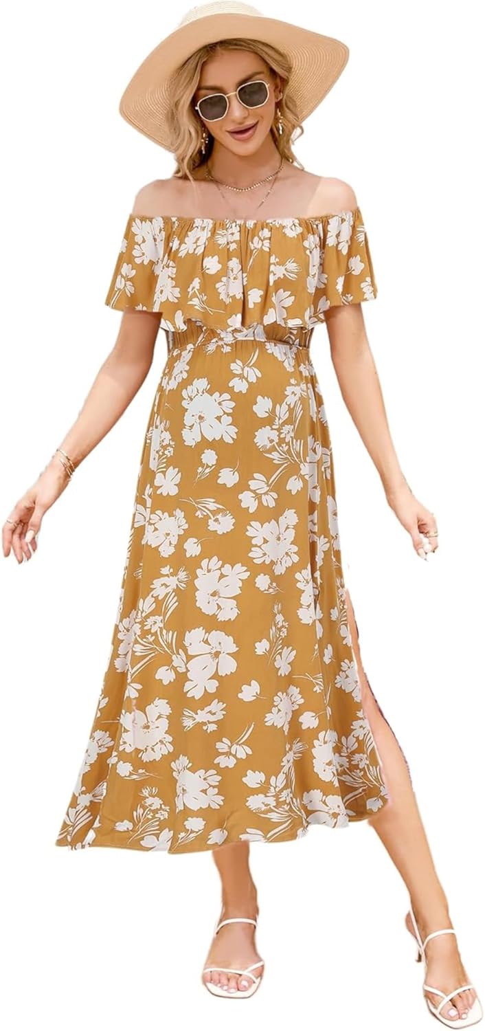 Maternity Dress Women's Off Shoulder Split A Line Casual Maxi Dress Photography Dress for Babyshower