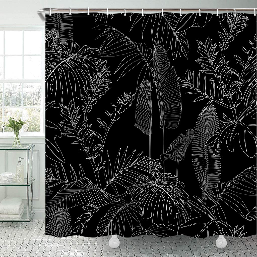 TOMOZ Black Shower Curtain, Elegant Tropical Leaves and Flowers Shower Curtain for Bathroom, Botanical Plant Fabric Bath Curtain with 12 Hooks 69 x