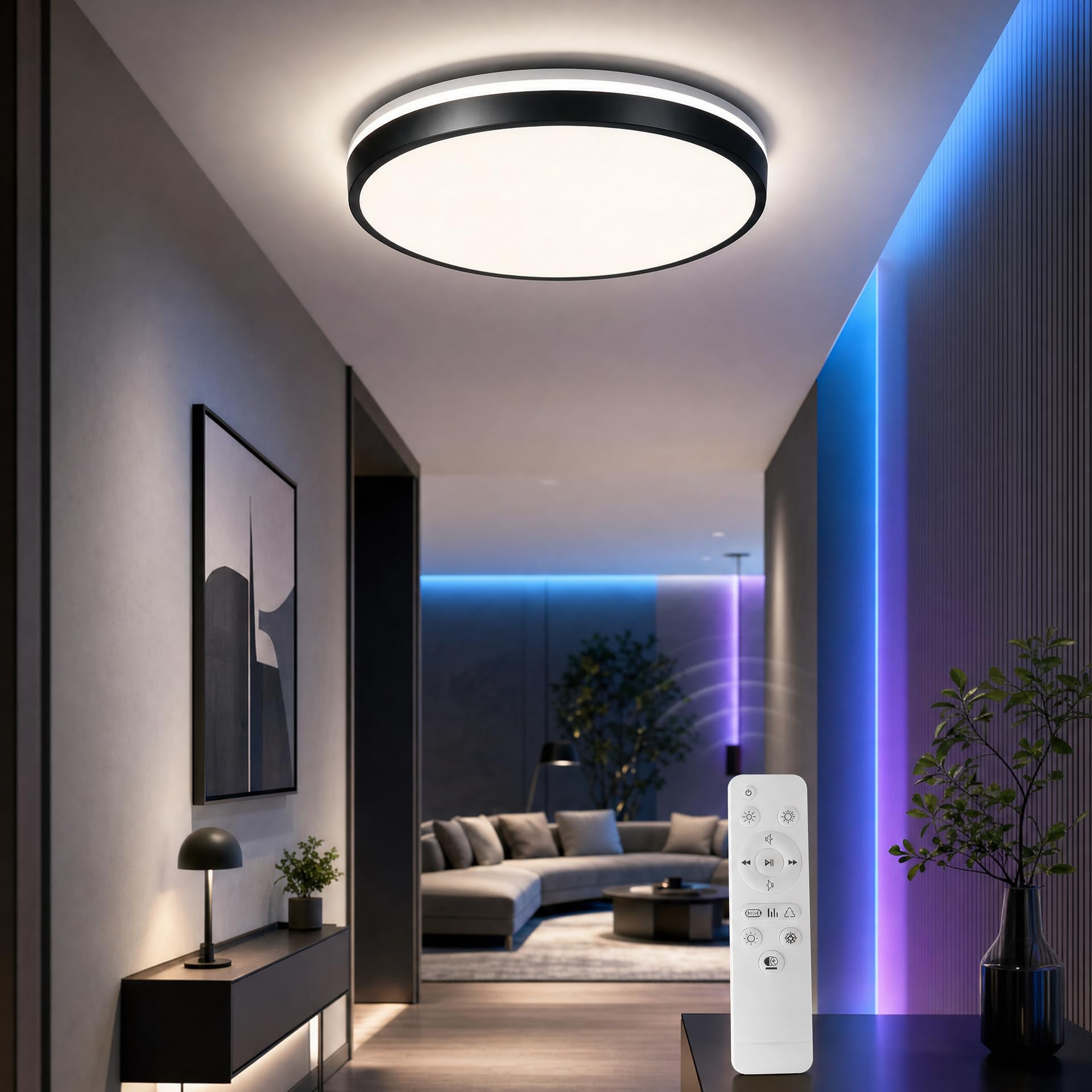 Lampa sufitowa Bluetooth 24 W z głośnikiem 30 cm, lampa sufitowa LED, muzyka i pilot zdalnego sterowania, zmiana koloru do łazienki w pokoju dziecięcym (czarna)