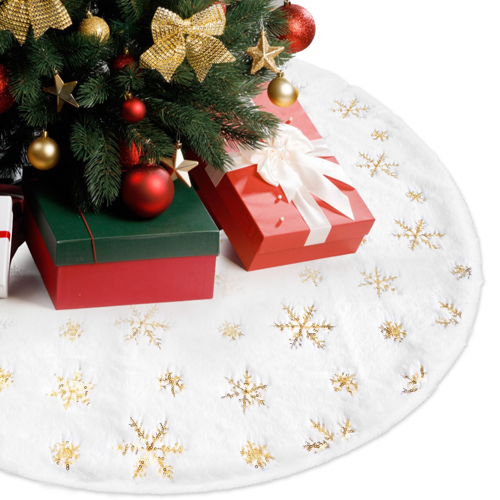 Tapis support arbre de Noël 90cm pour cacher le pied du sapin avec une couverture blanche